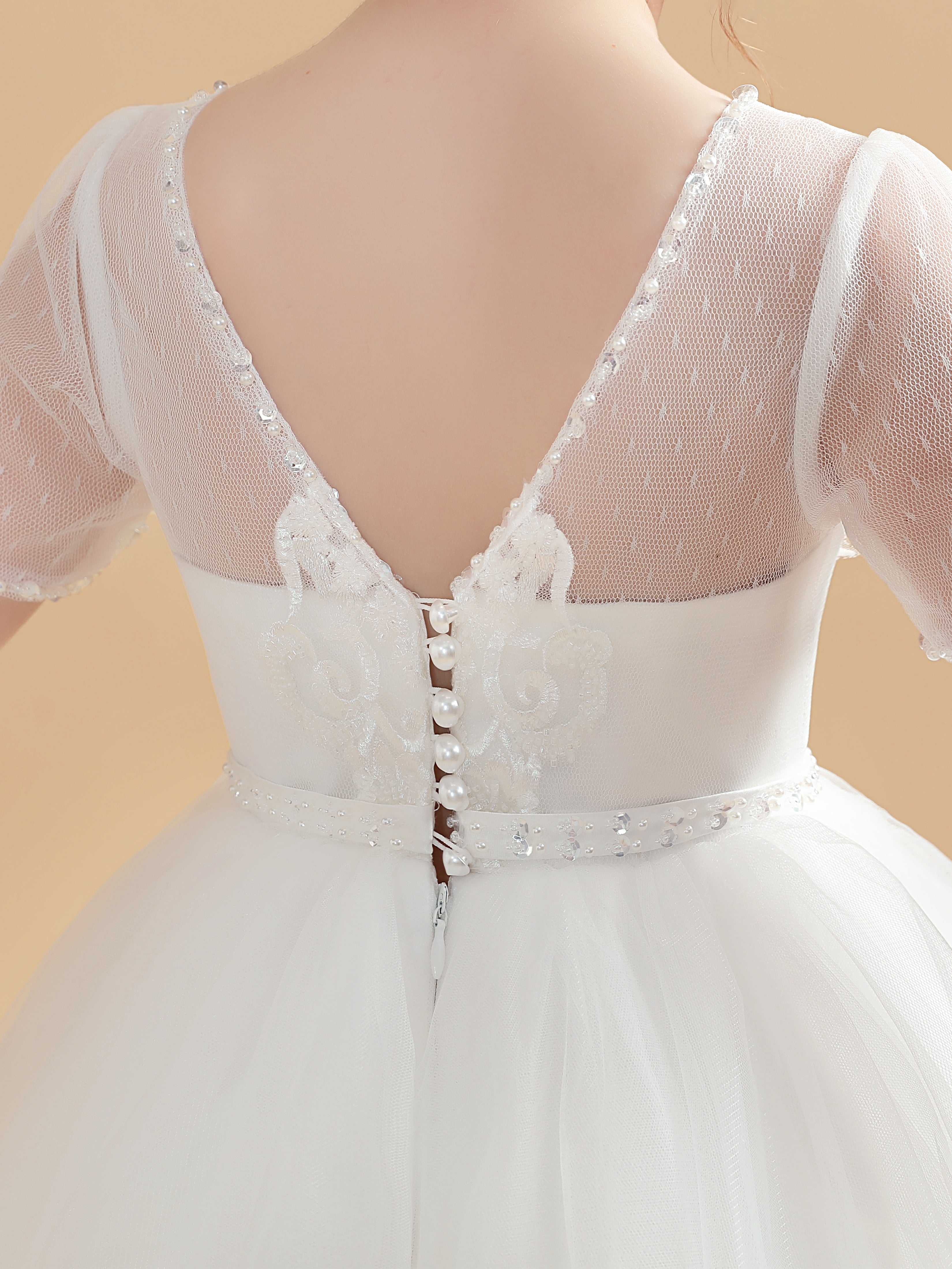 Dentelle Appliques Manches Courtes Tulle Longue Robe Fille