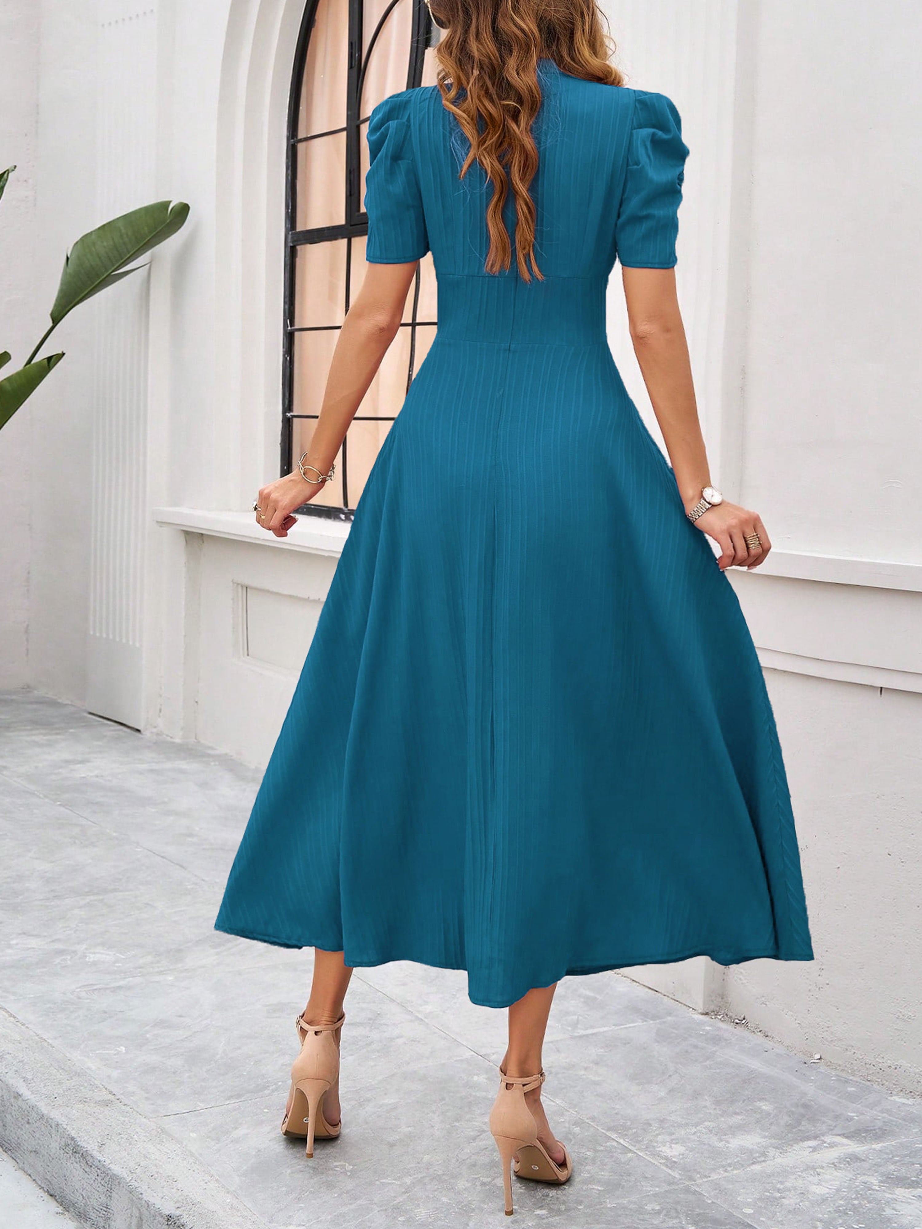Robe Invitée Mariage BLEU_ENCRE Élégante Coupe A à Manches et Taille Empire