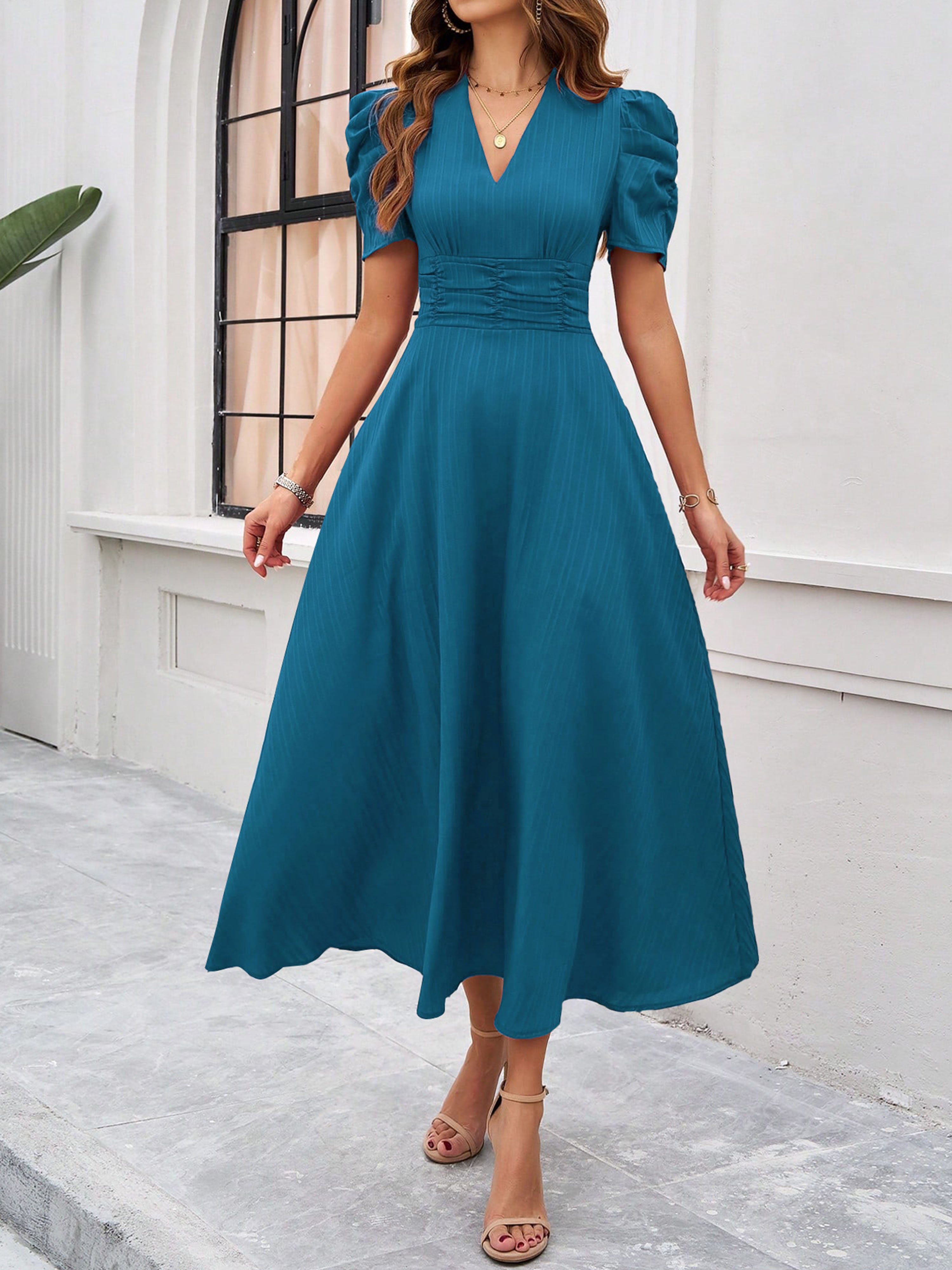 Robe Invitée Mariage BLEU_ENCRE Élégante Coupe A à Manches et Taille Empire