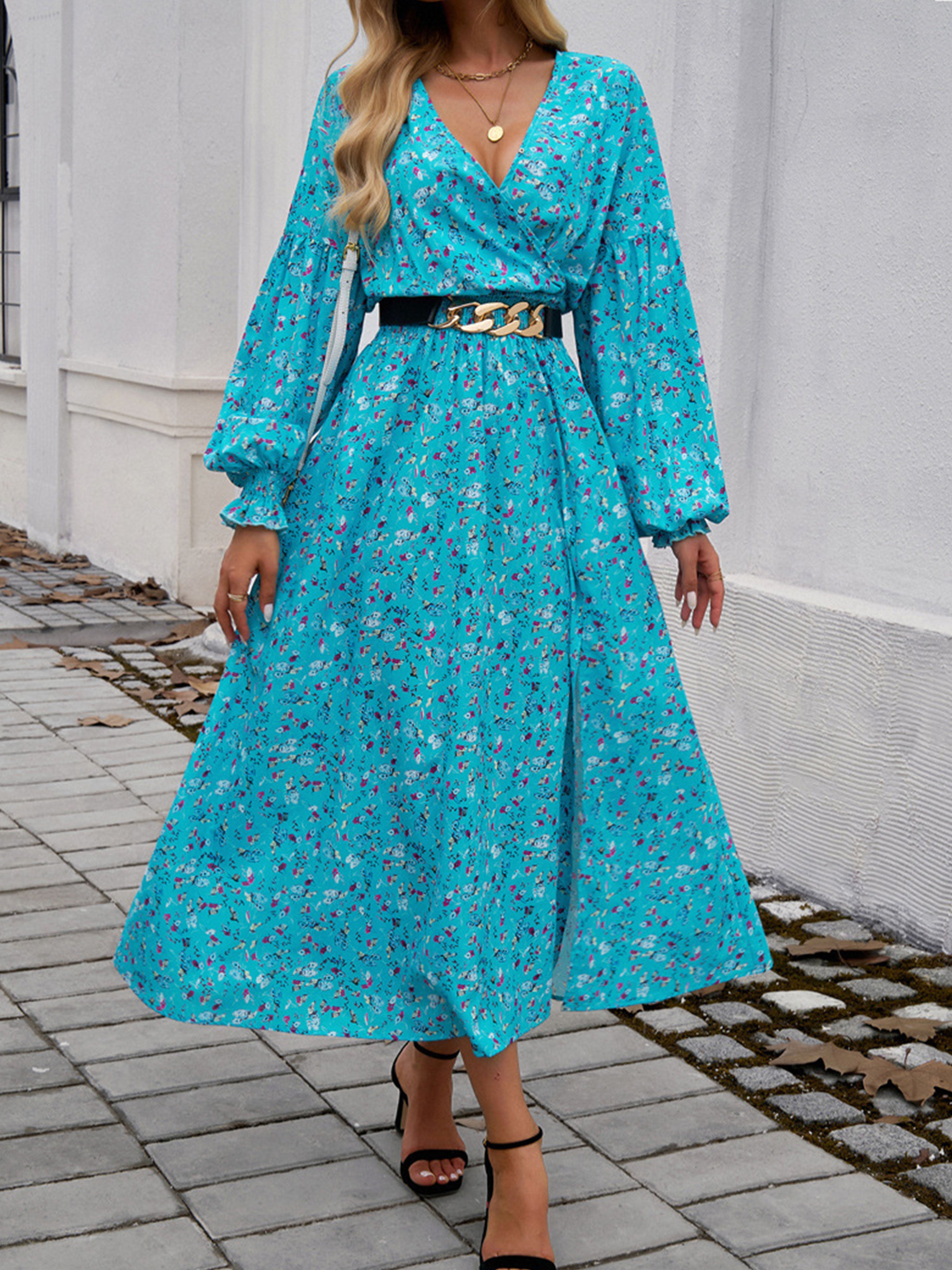 Robe Invitée Mariage Jade Encolure en V à Manches Longues avec Fente et Taille Empire