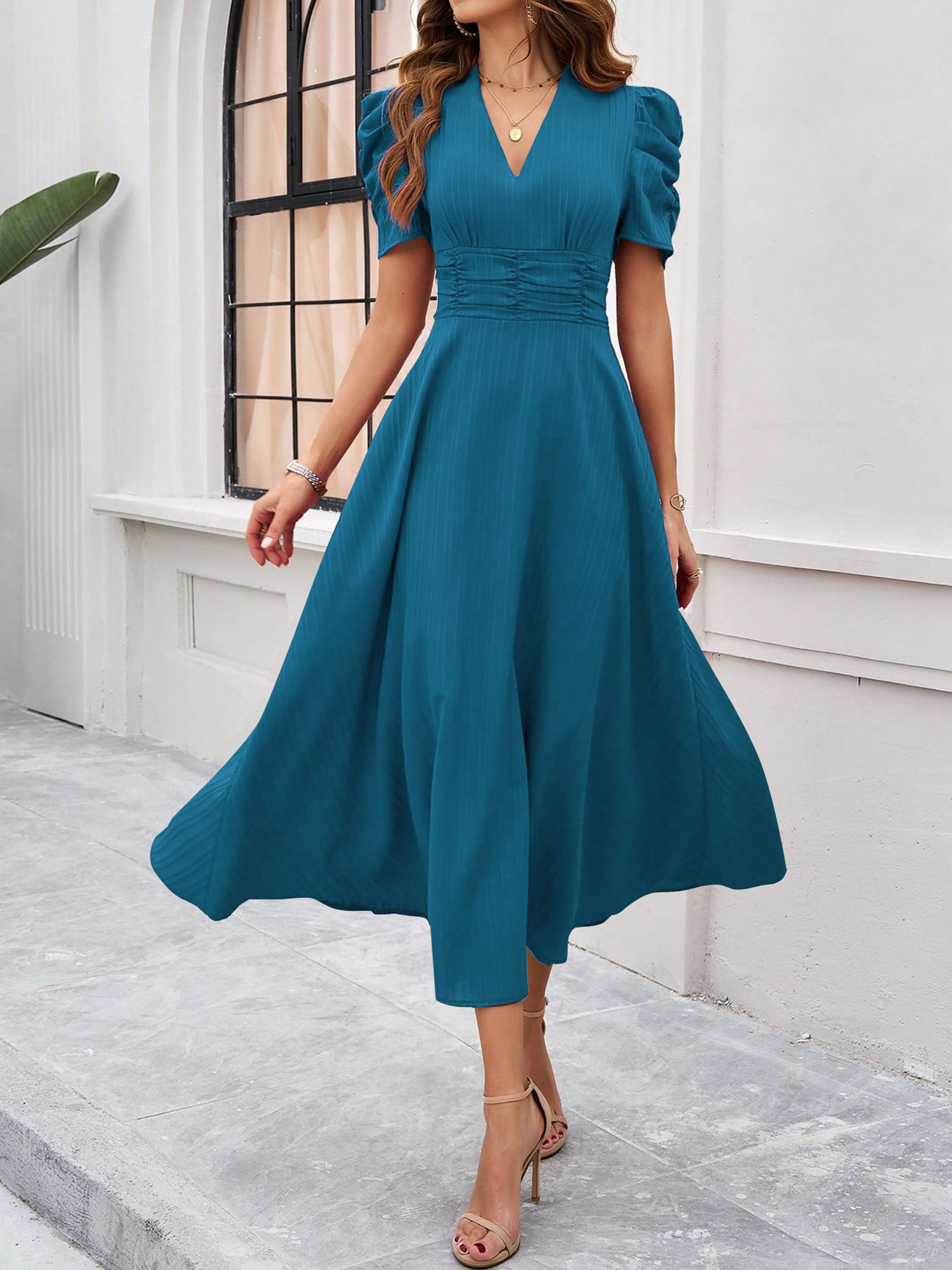 Robe Invitée Mariage BLEU_ENCRE Élégante Coupe A à Manches et Taille Empire