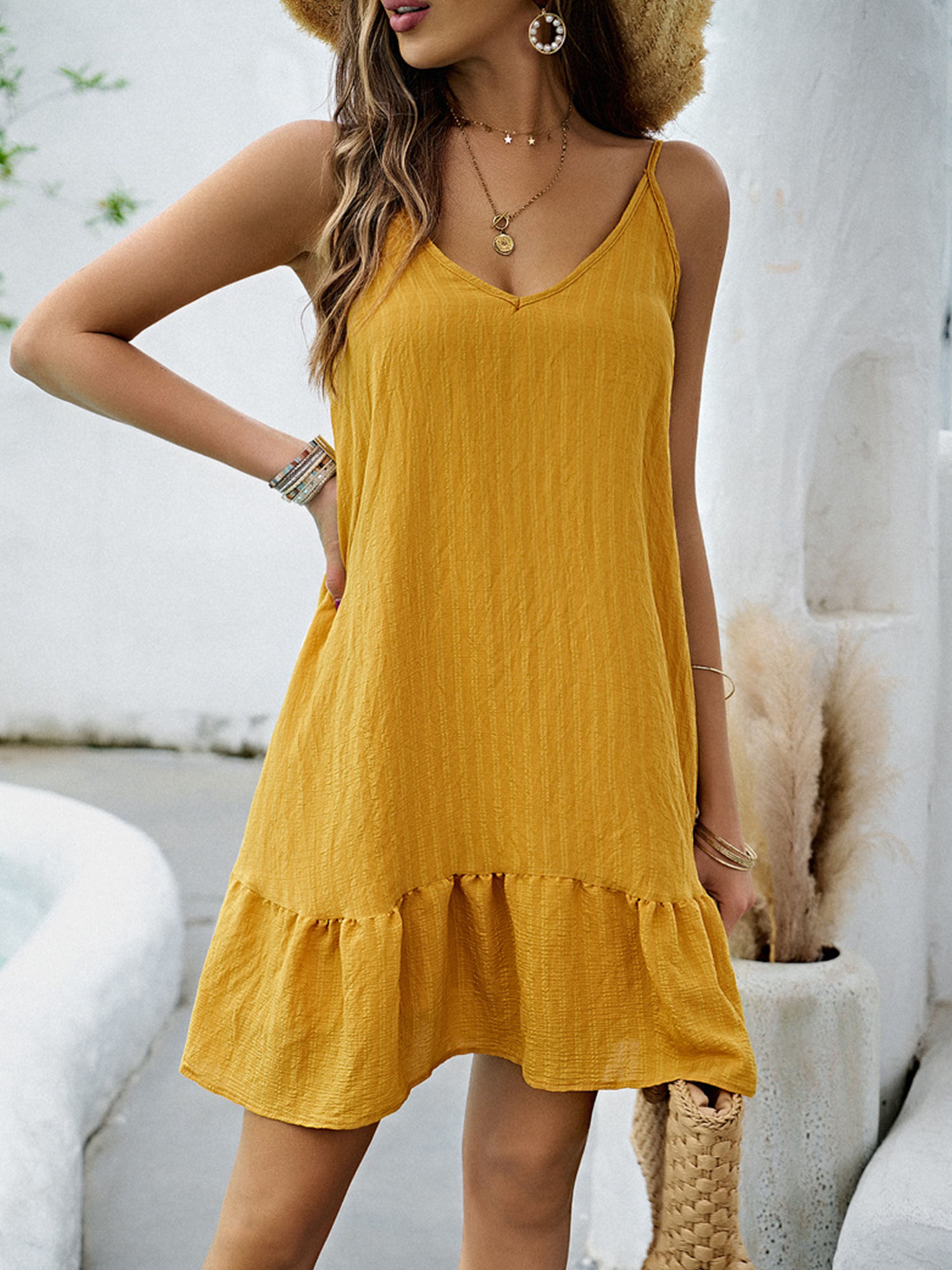 Robe Courte Invitée Mariage SOUCI Uni Encolure en V Sans Manches