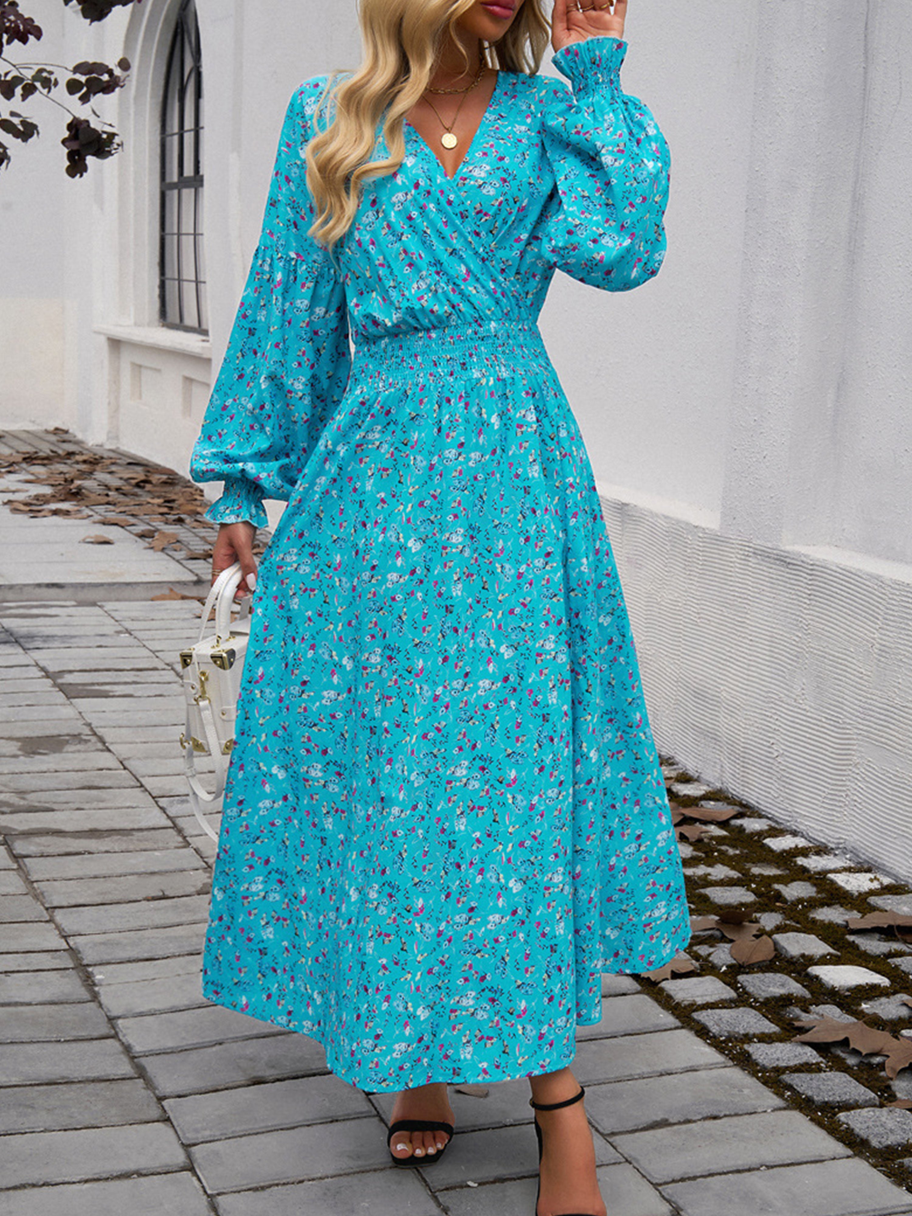Robe Invitée Mariage Jade Encolure en V à Manches Longues avec Fente et Taille Empire