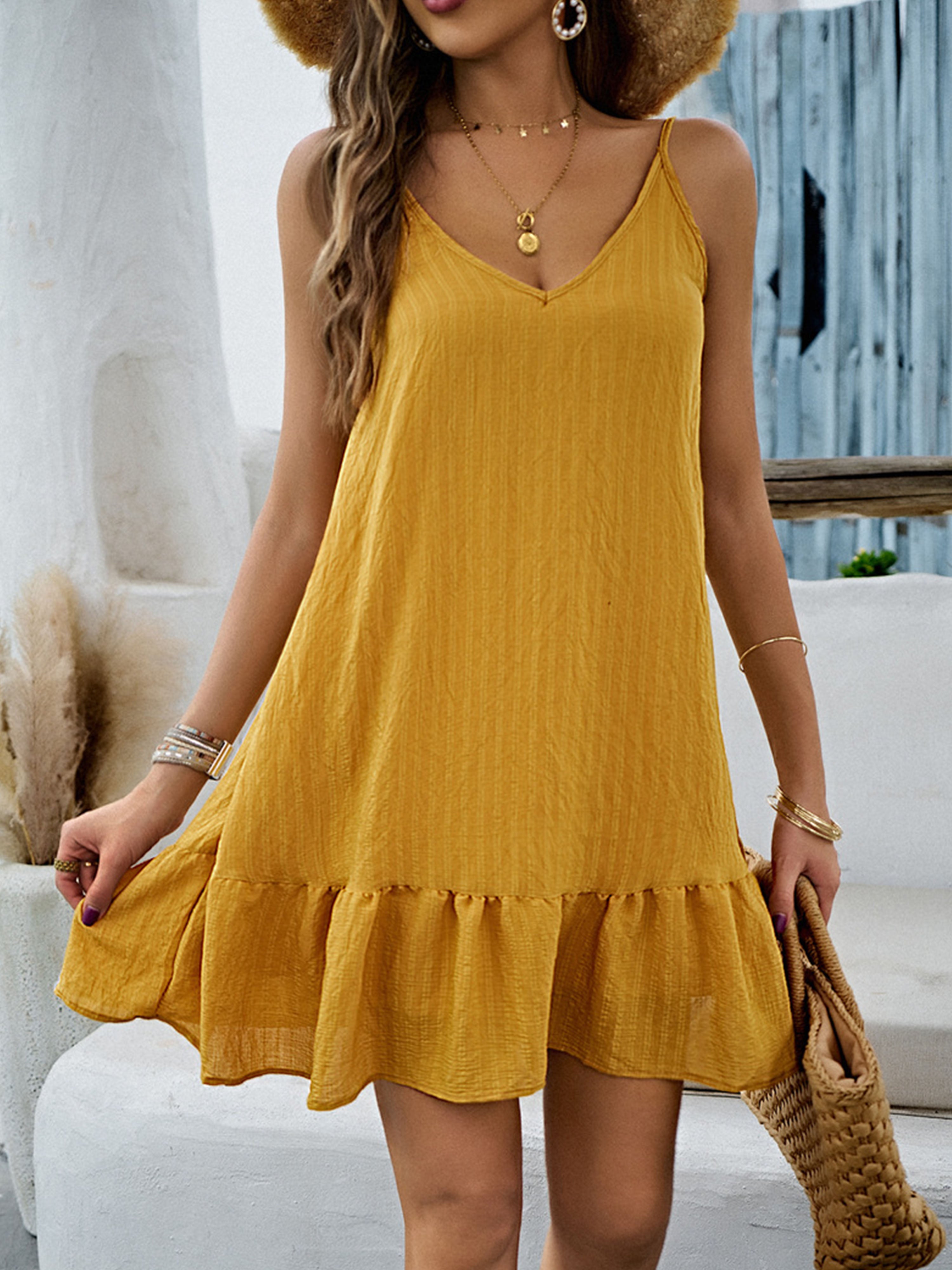 Robe Courte Invitée Mariage SOUCI Uni Encolure en V Sans Manches