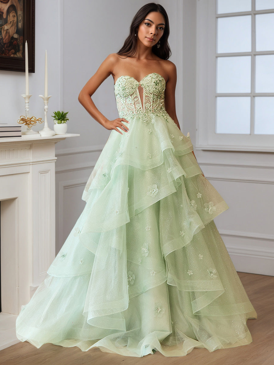 Cicinia Robe de Soirée SAUGE POUDREE Princesse Trapèze Longue en Tulle sans Bretelles