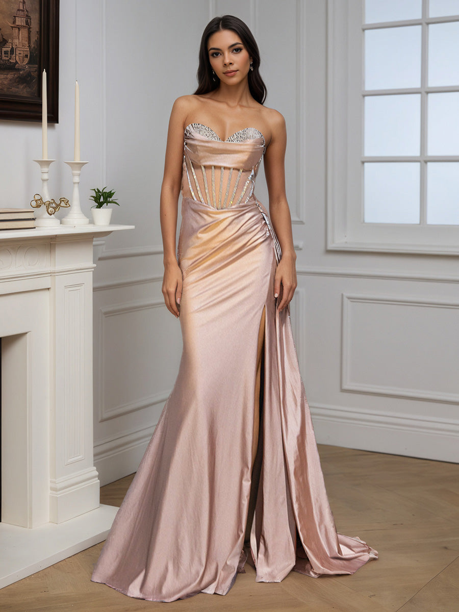 Cicinia ROSE POUDRE Robe de Soirée Longue Perlé sans Bretelles Fente Traîne Balayée