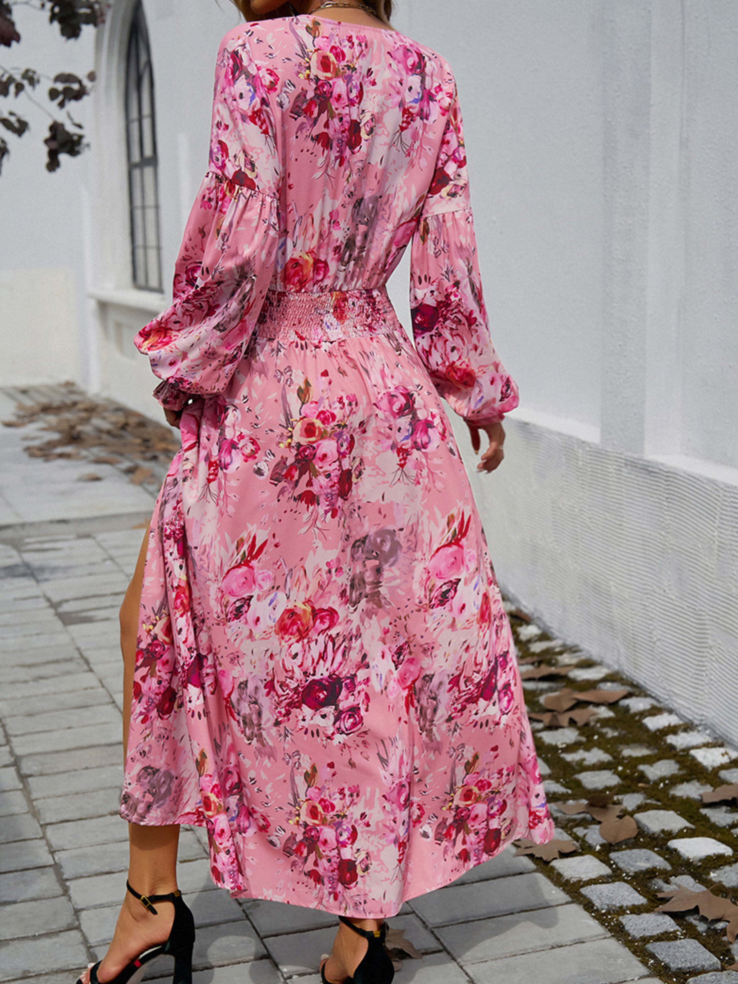 Robe Invitée Mariage ROSE Encolure en V à Manches Longues avec Fente et Taille Empire