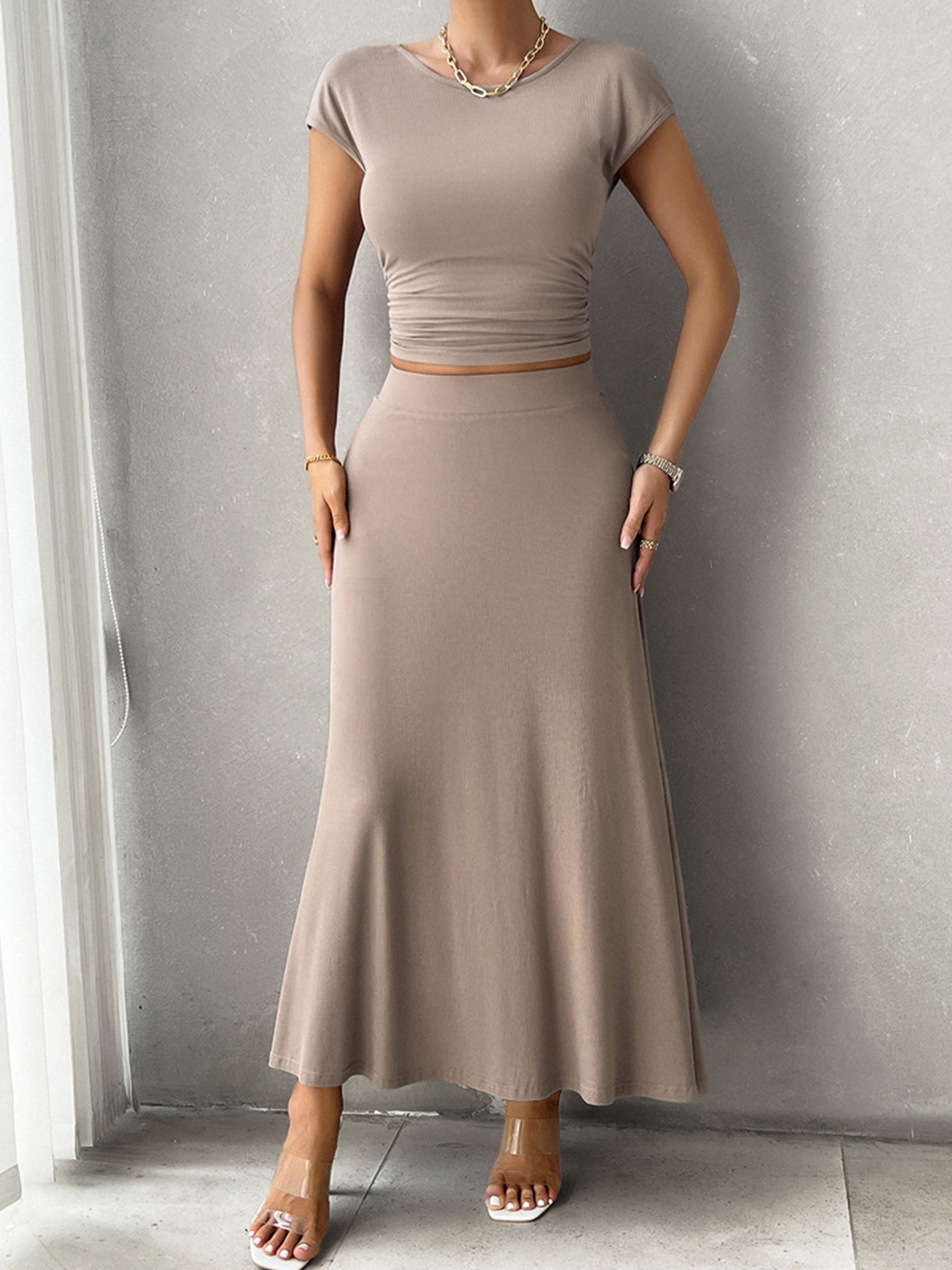 Ensemble Élégant Invité Mariage Taupe 2 Pièces Robe Fourreau à Manches Courtes