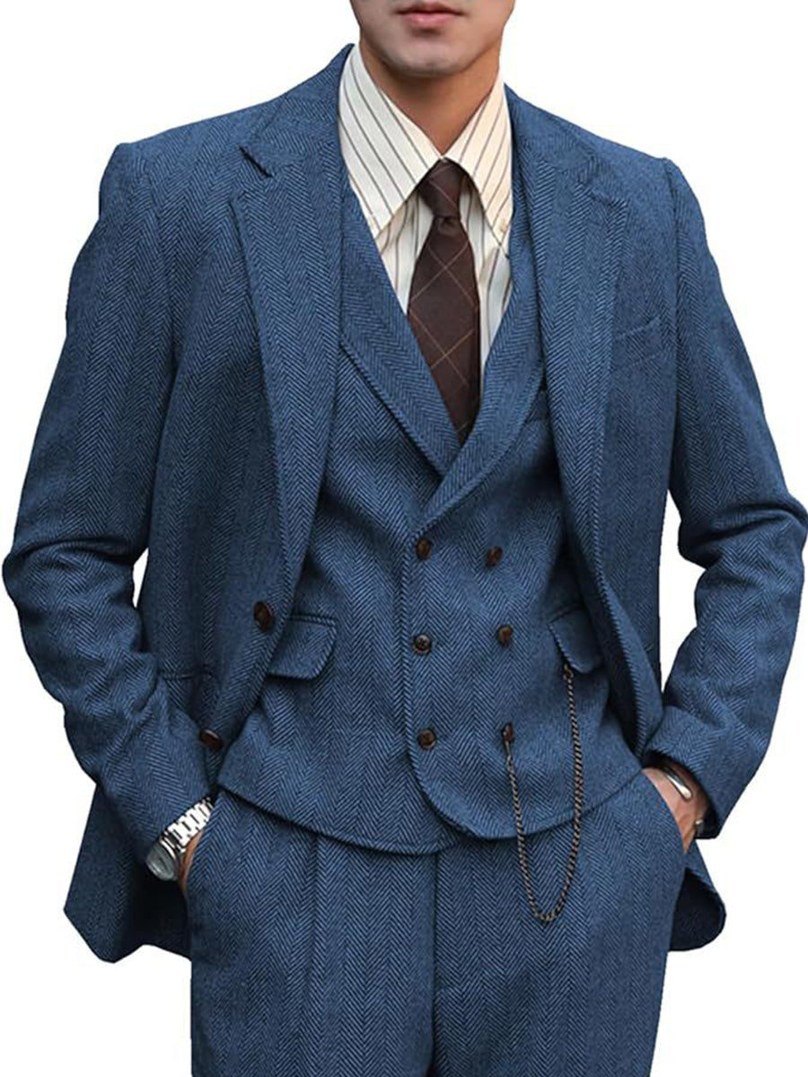 Costume 3 Pièces en BLEU Élégant à Motif Chevron Tenue Haut de Gamme pour le Marié et la Réception