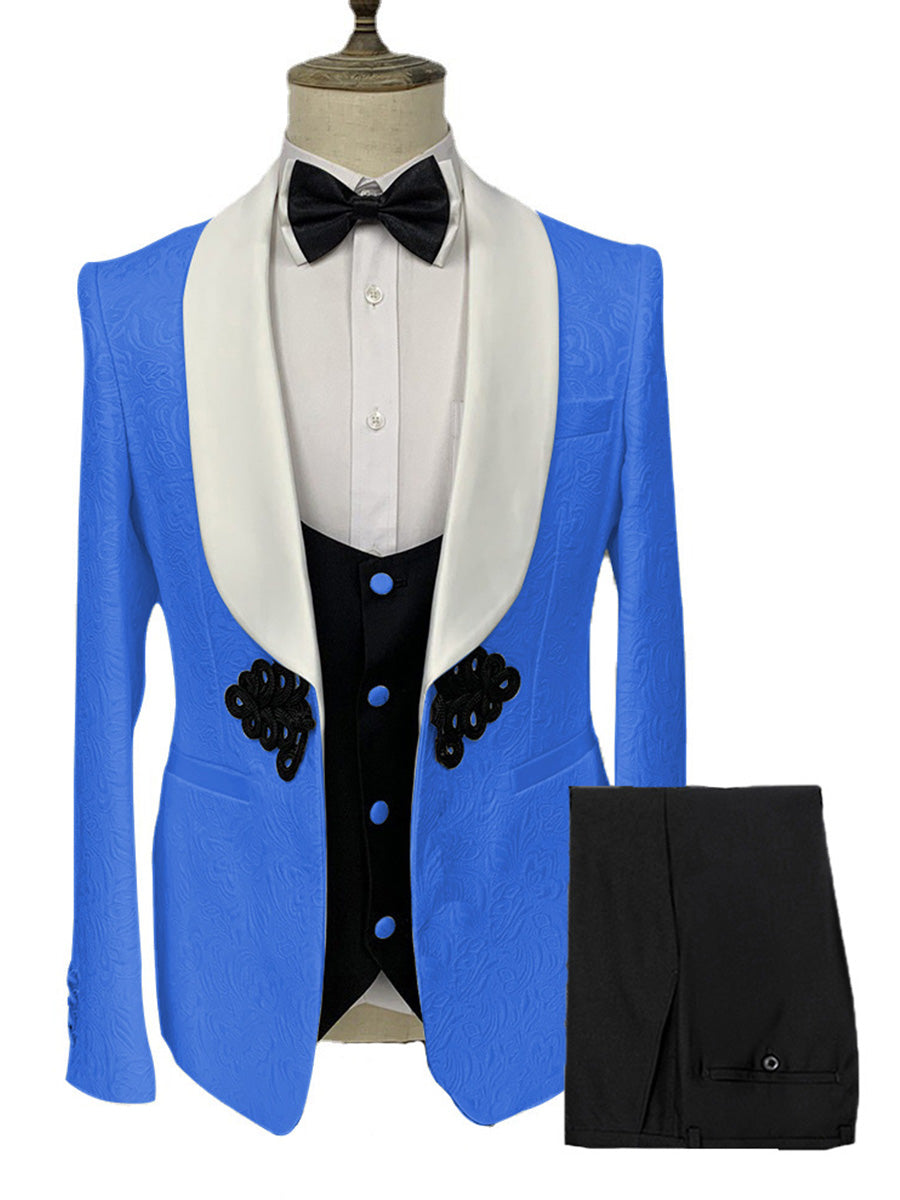Costume Homme 3 Pièces en Bleu à Motif Jacquard Élégance Racée pour Marié et Garçons d'Honneur