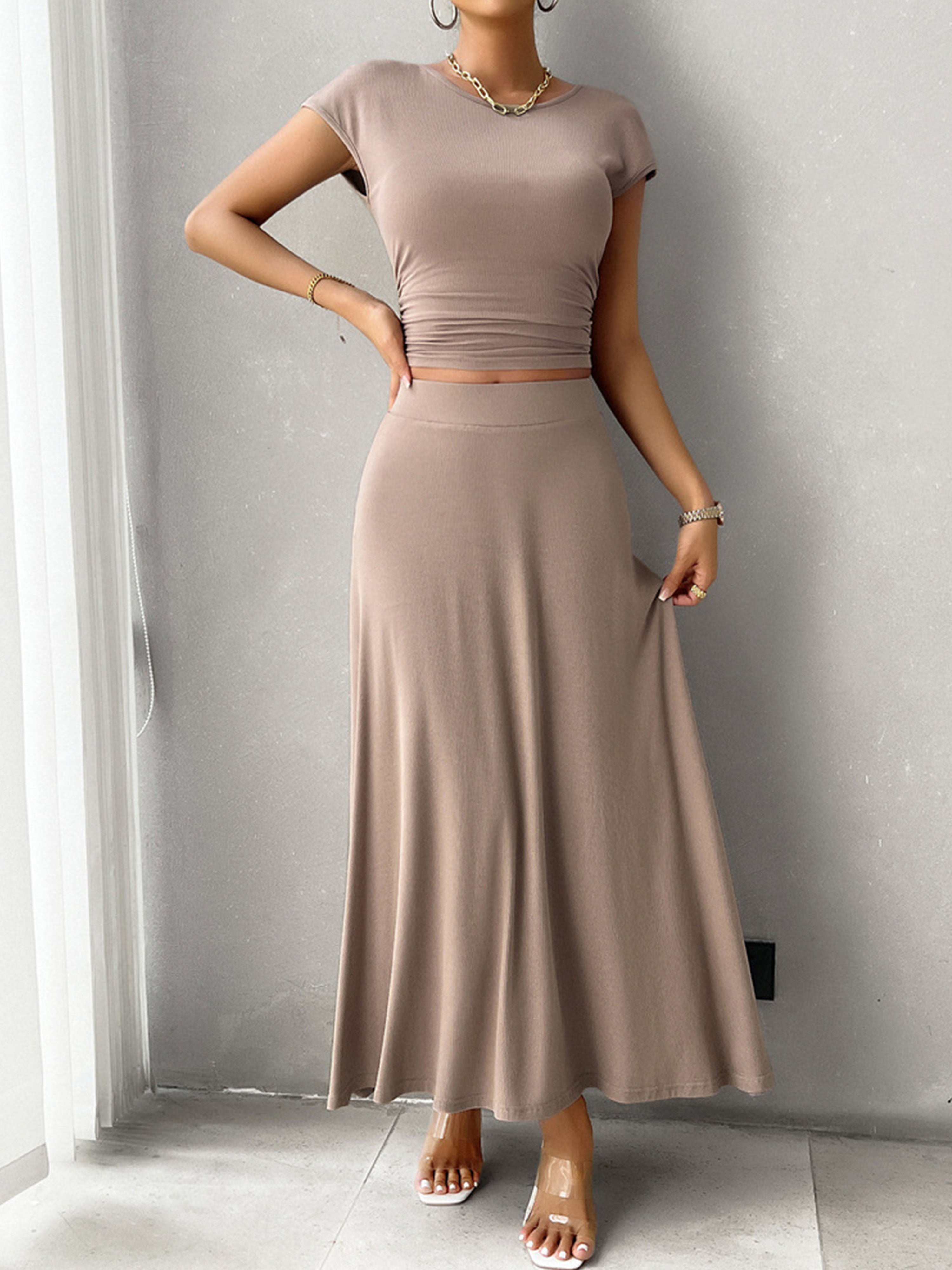 Ensemble Élégant Invité Mariage Taupe 2 Pièces Robe Fourreau à Manches Courtes