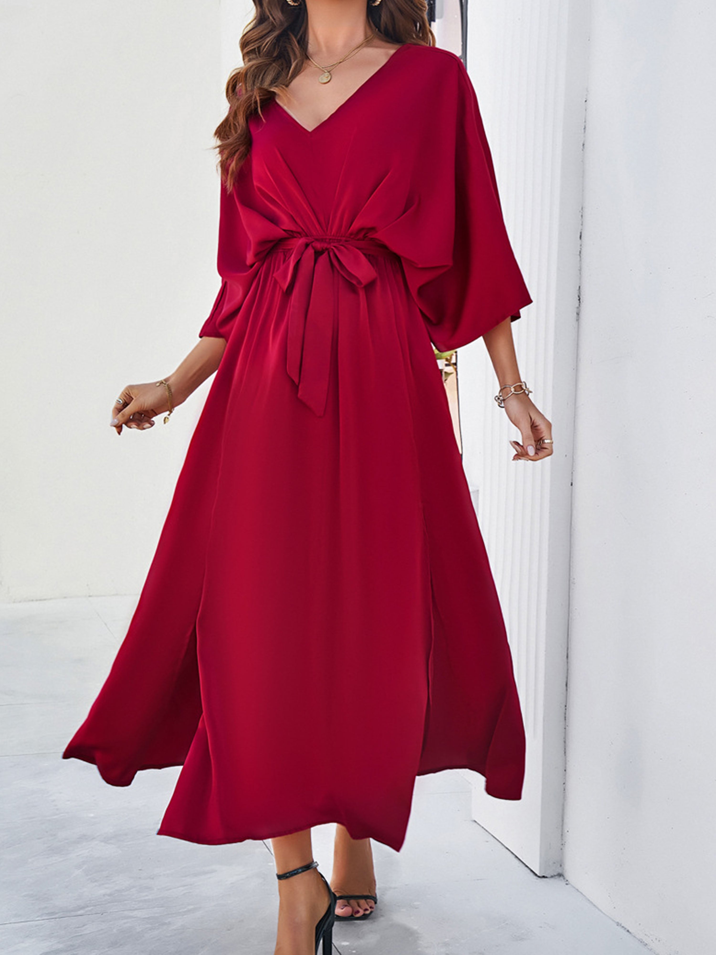 Elégante Robe Invitée de Mariage BORDEAUX Col V 3/4 Manches avec Ceinture