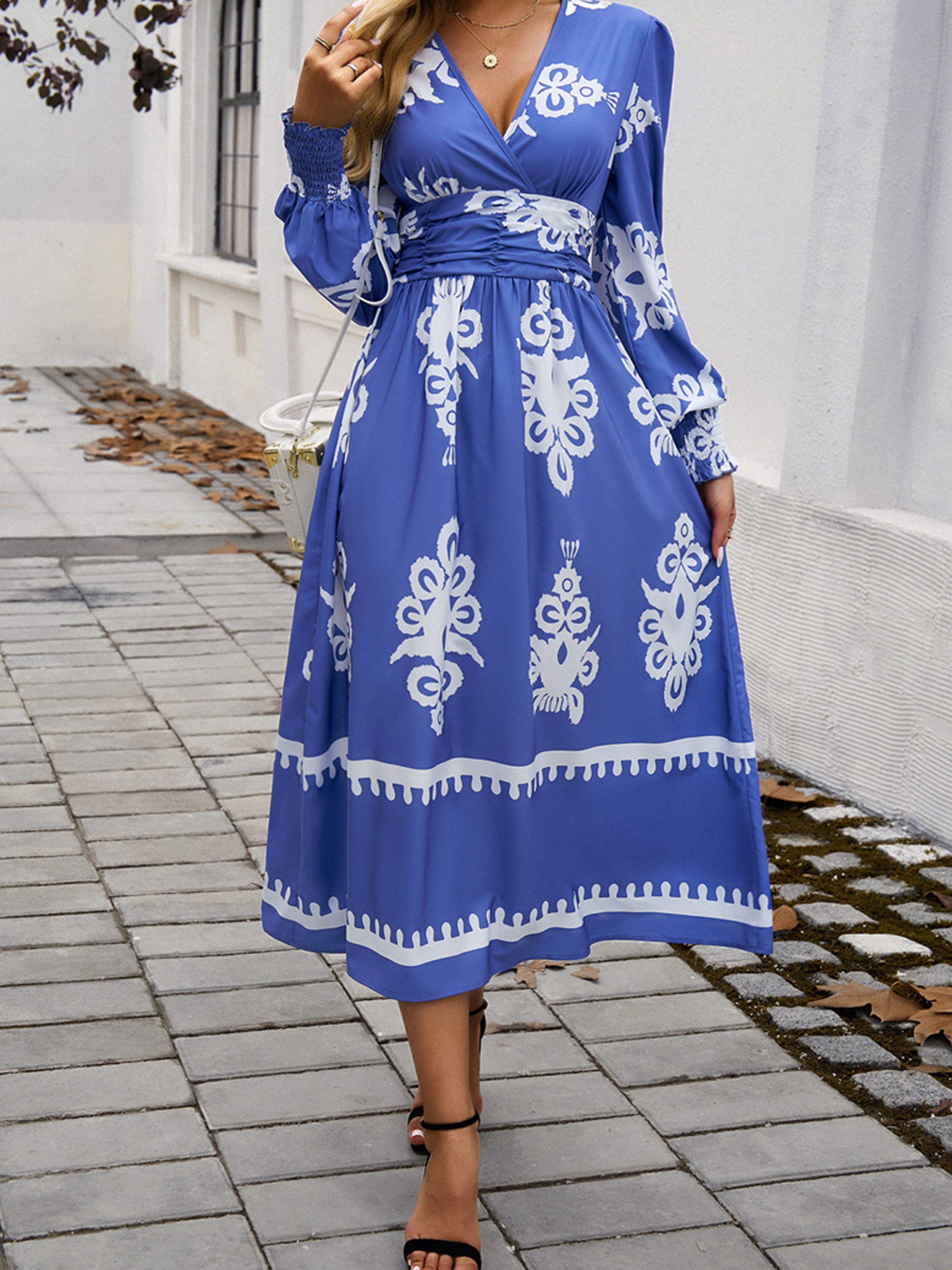 Robe Invitée Mariage à Contraste de Bleu Encolure en V à Manches Longues et Taille Empire