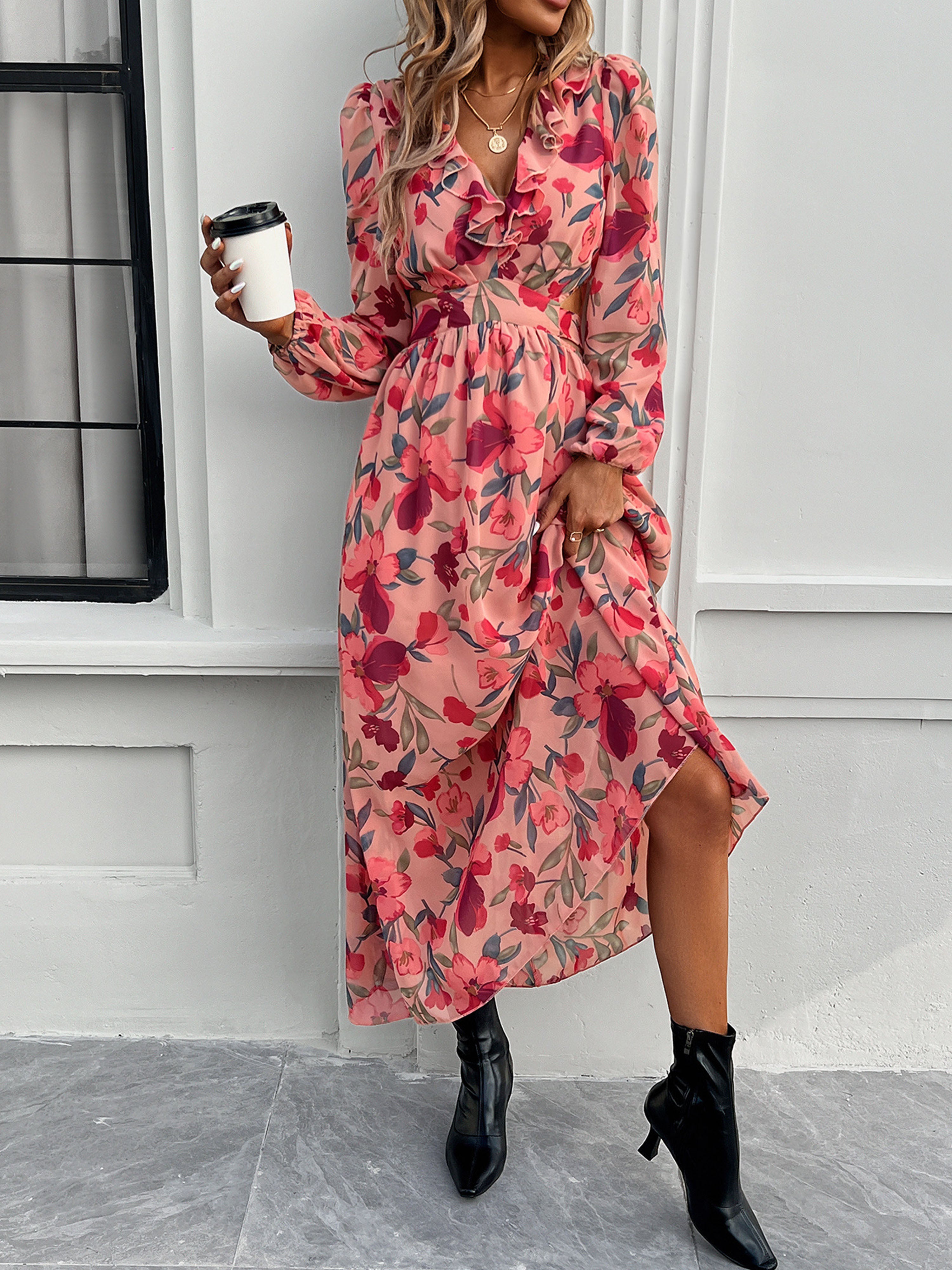 Robe Invitée de Mariage Pastèque Florale Robe bohème Col V Manches longues