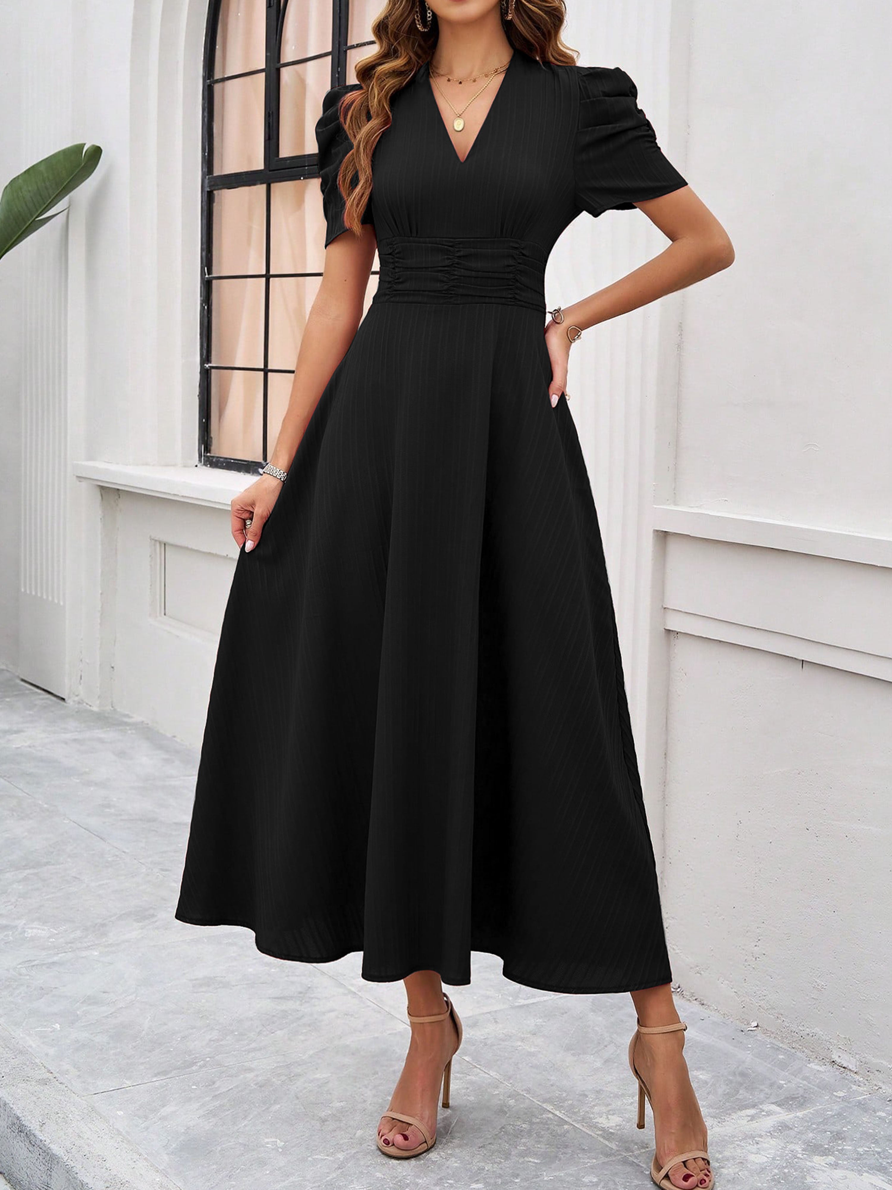Robe Invitée Mariage Noire Élégante Coupe A à Manches et Taille Empire