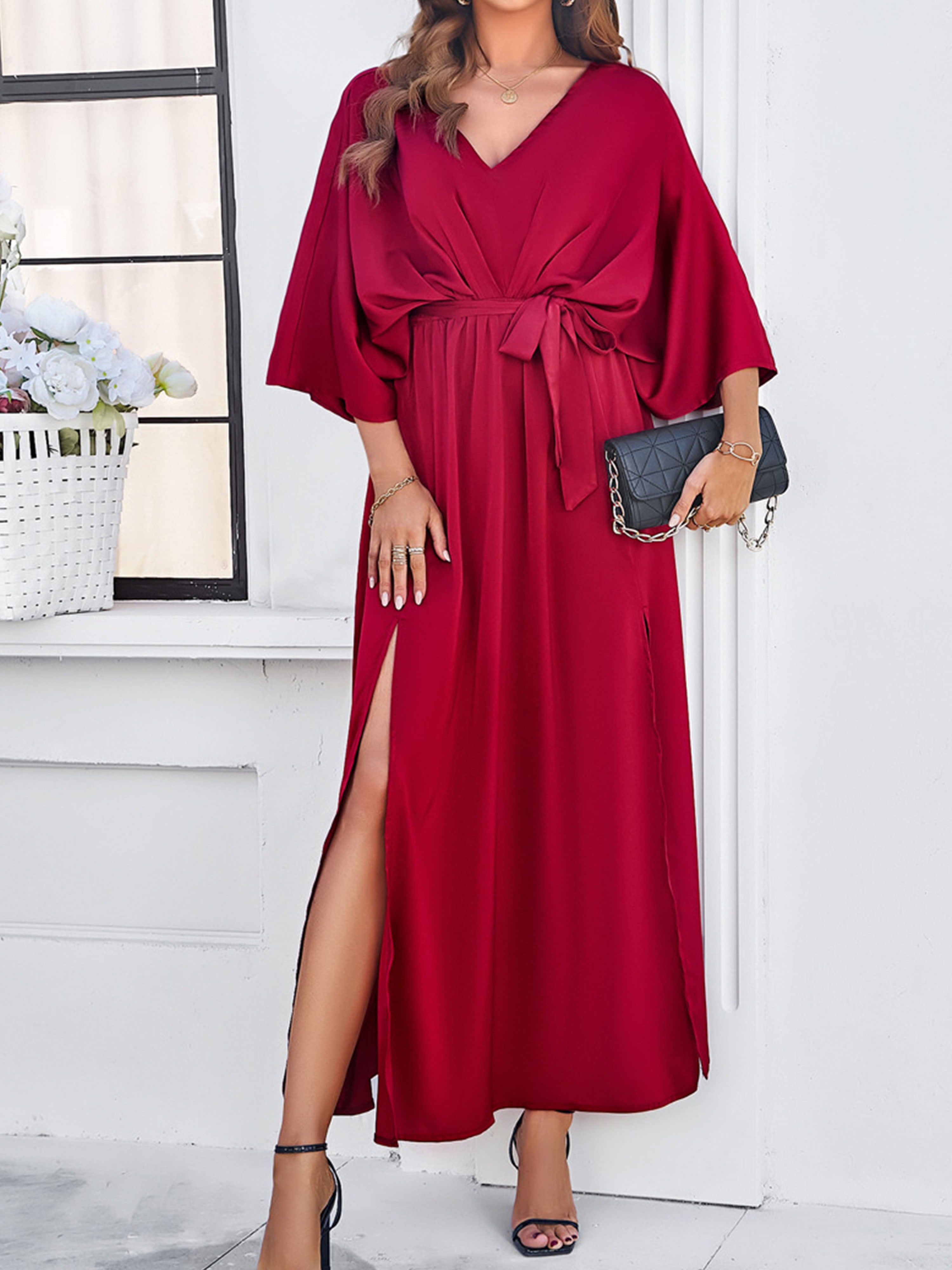 Elégante Robe Invitée de Mariage BORDEAUX Col V 3/4 Manches avec Ceinture