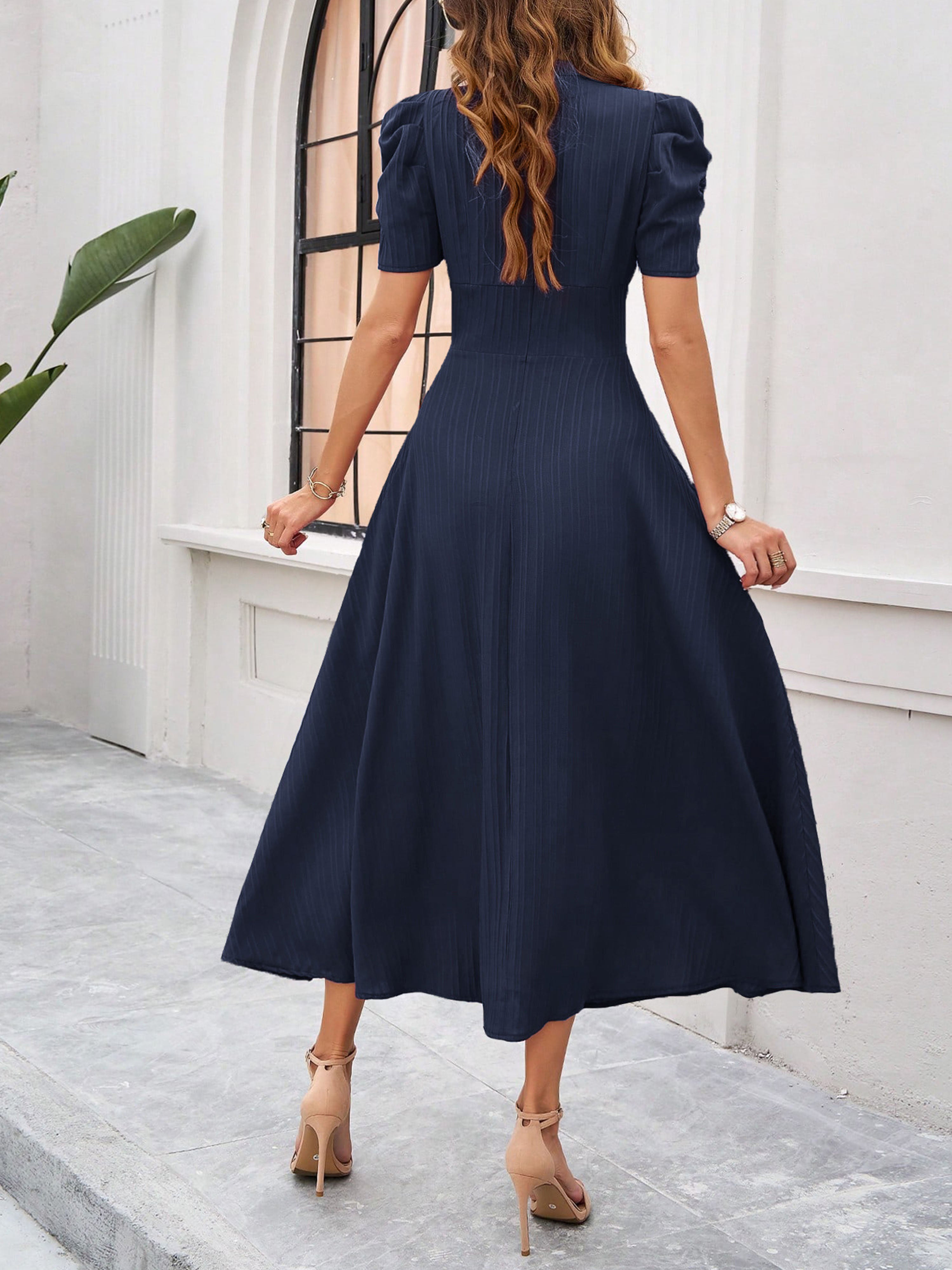 Robe Invitée Mariage BLEU_MARINE Élégante Coupe A à Manches et Taille Empire