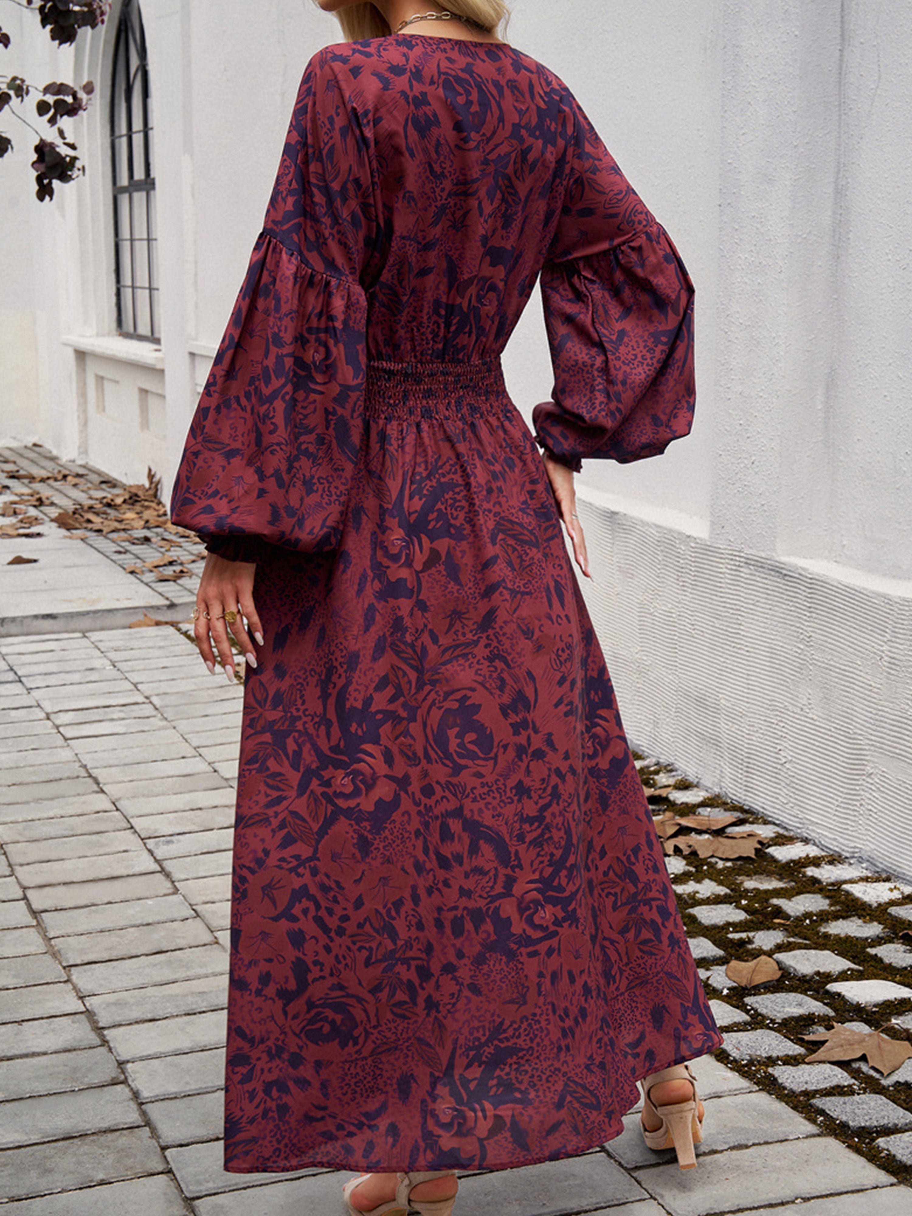 Robe Invitée Mariage Cabernet Encolure en V à Manches Longues avec Fente et Taille Empire