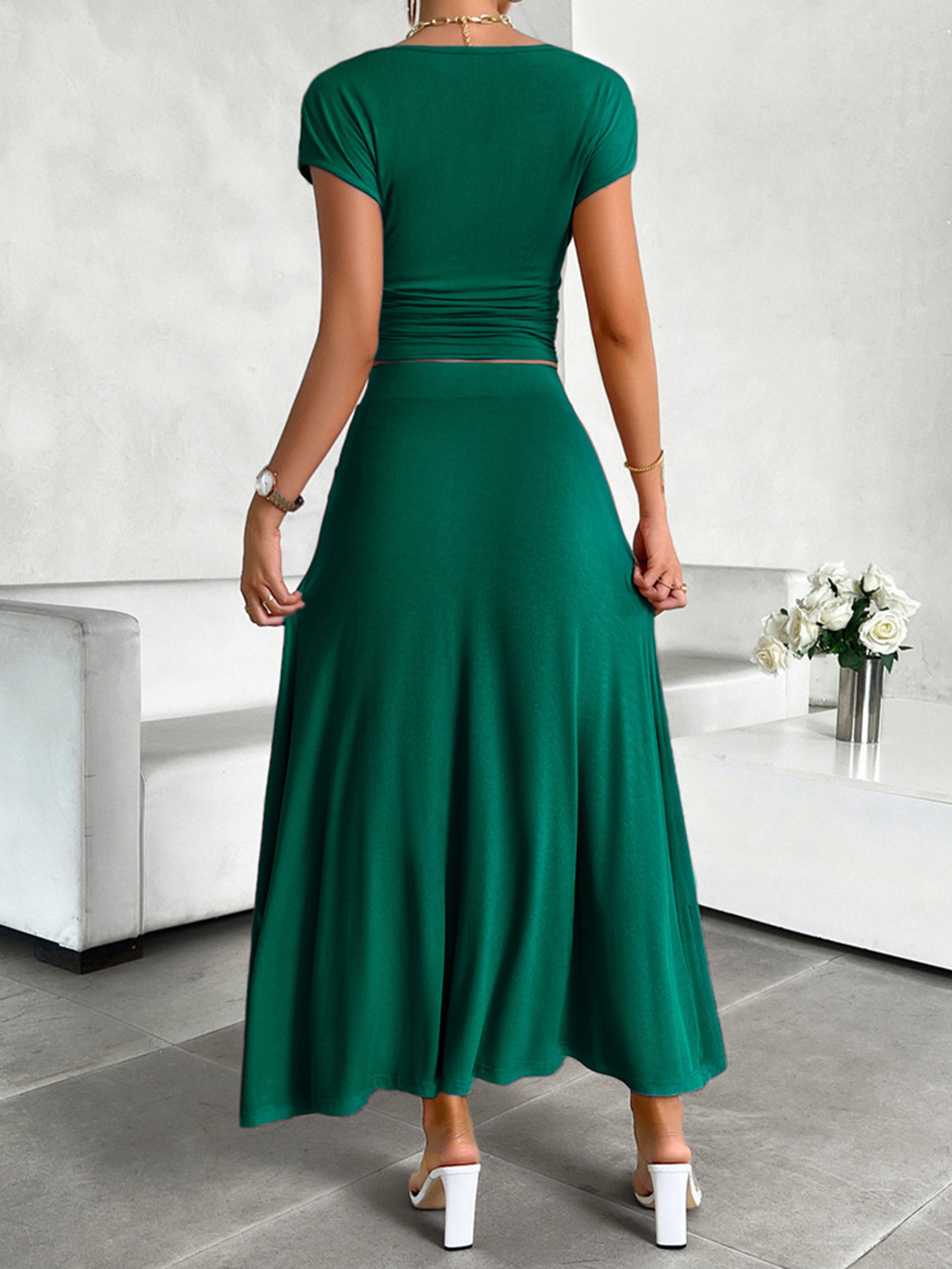 Ensemble Élégant Invité Mariage VERT_FONCE 2 Pièces Robe Fourreau à Manches Courtes