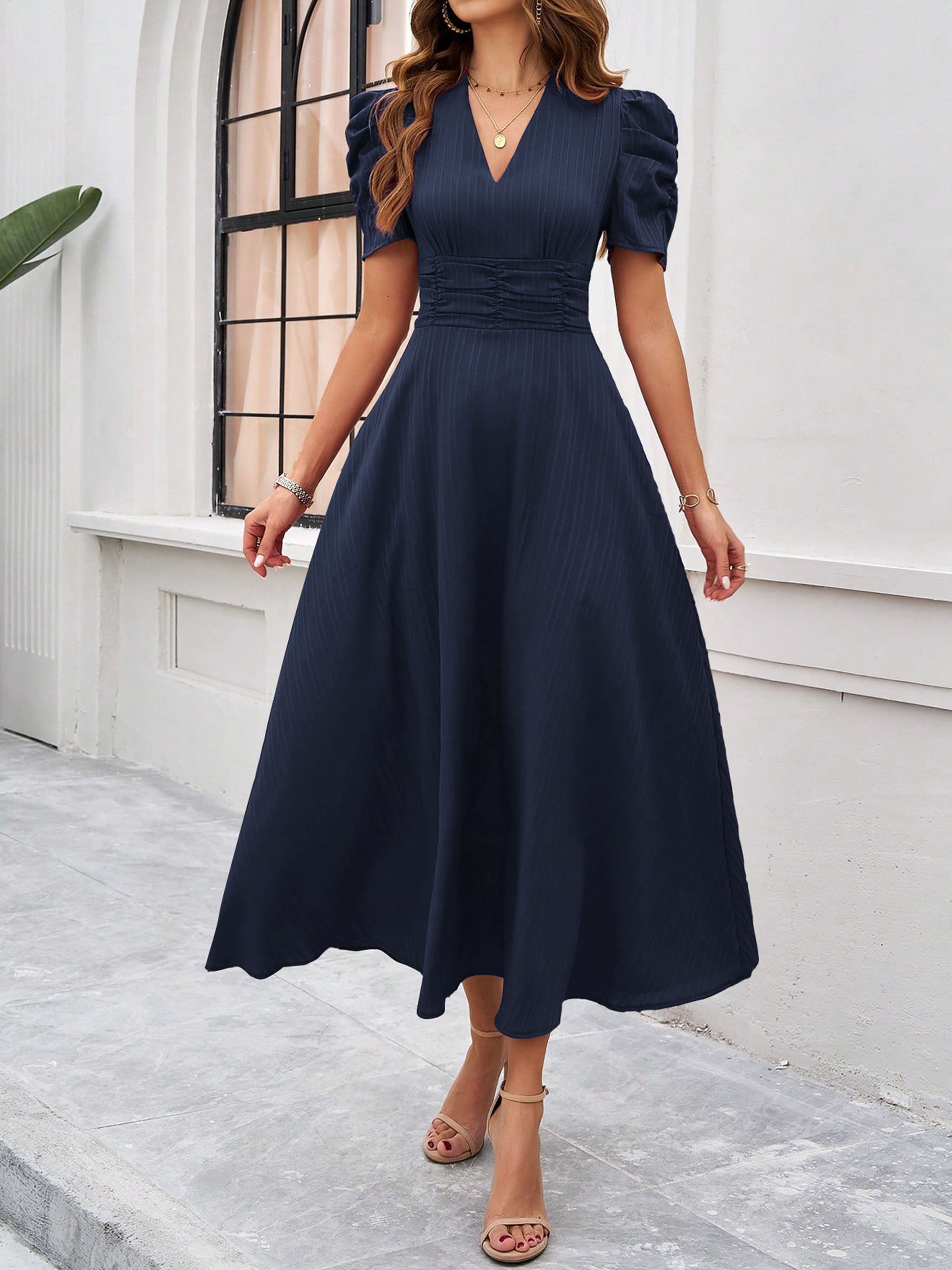 Robe Invitée Mariage BLEU_MARINE Élégante Coupe A à Manches et Taille Empire