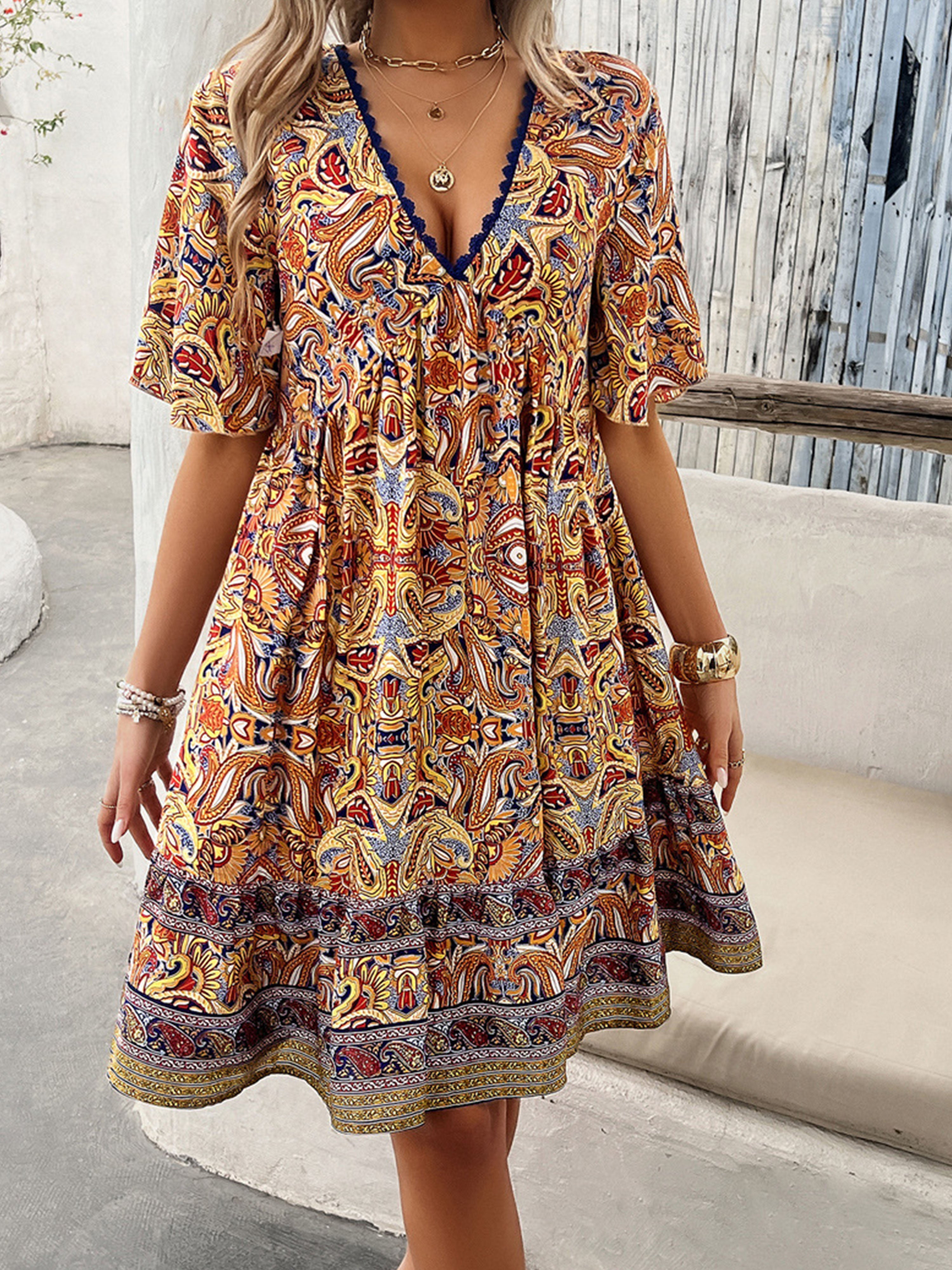 Robe Bohème Invitée Mariage Jaune Imprimé Floral à Demi Manches et Encolure en V