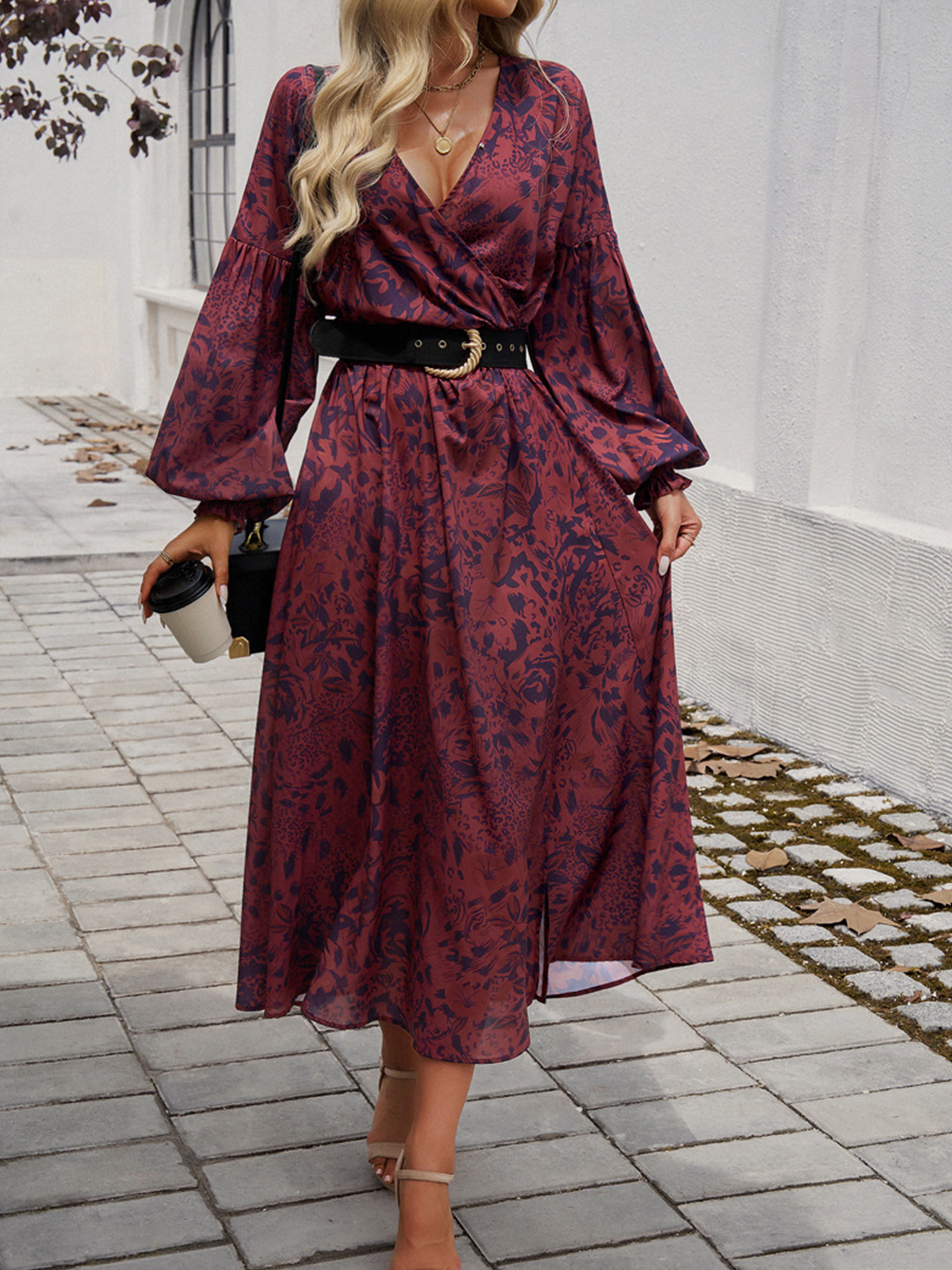 Robe Invitée Mariage Cabernet Encolure en V à Manches Longues avec Fente et Taille Empire
