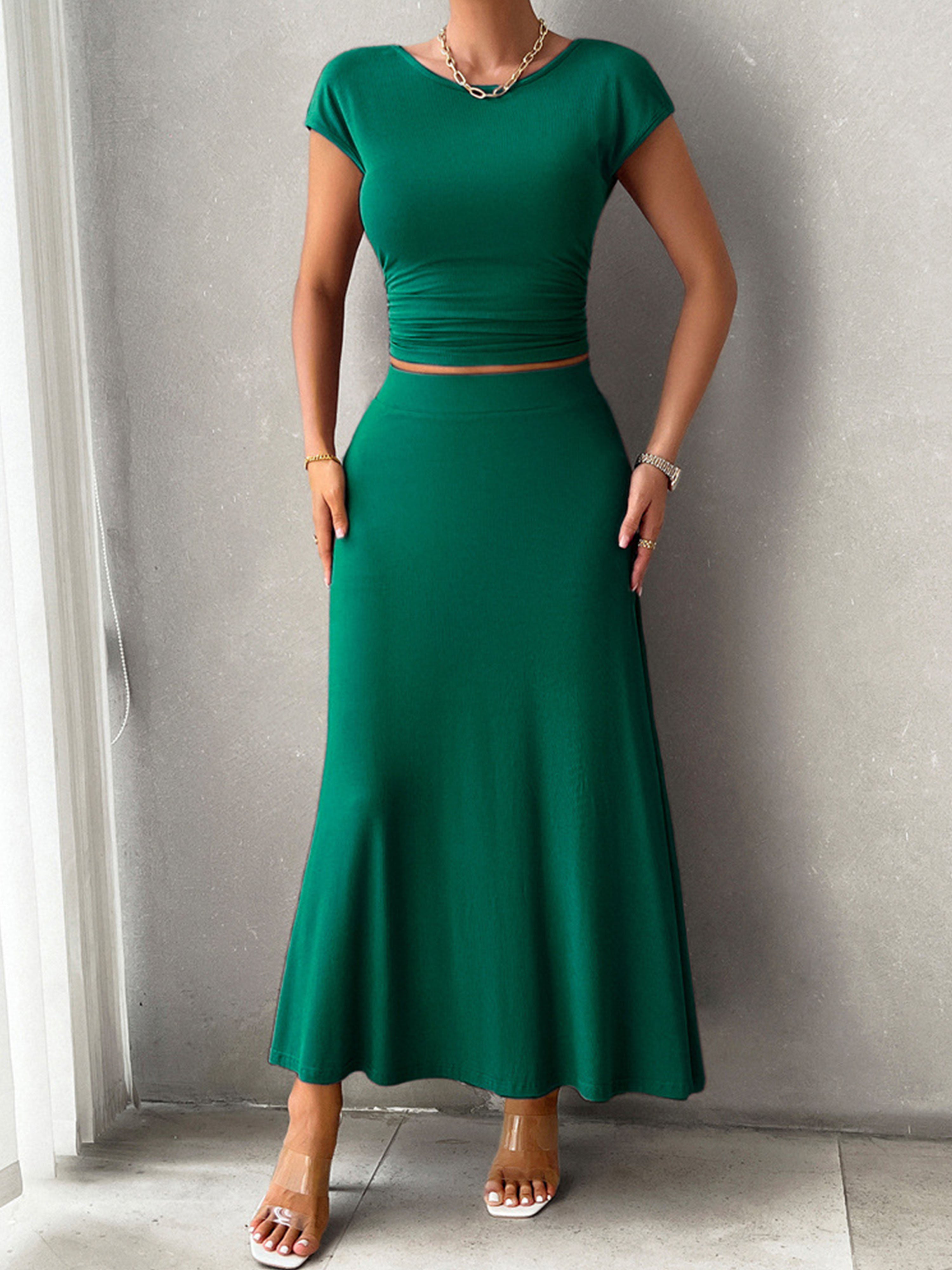 Ensemble Élégant Invité Mariage VERT_FONCE 2 Pièces Robe Fourreau à Manches Courtes