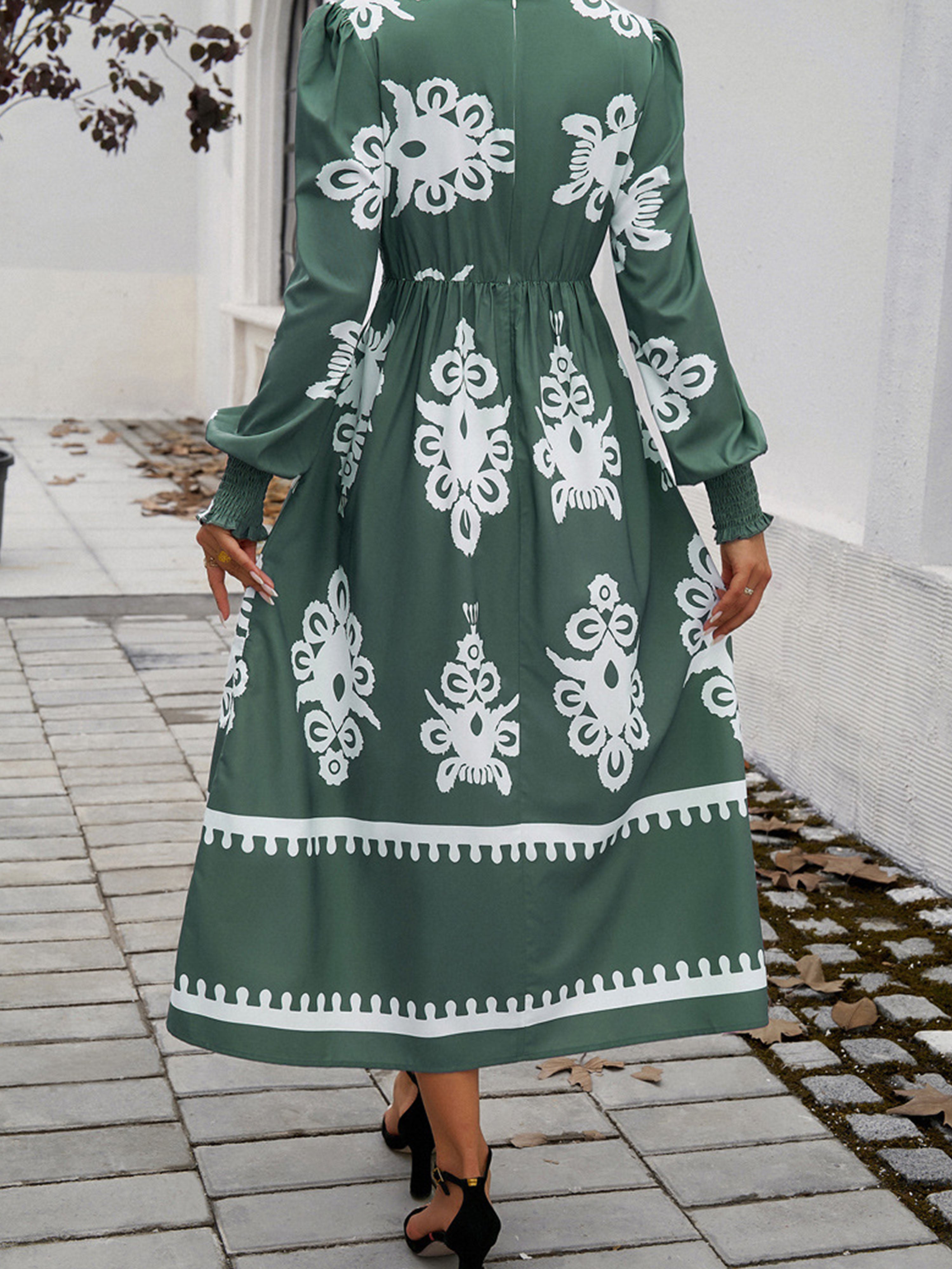 Robe Invitée Mariage à Contraste de VERT_FONCE Encolure en V à Manches Longues et Taille Empire