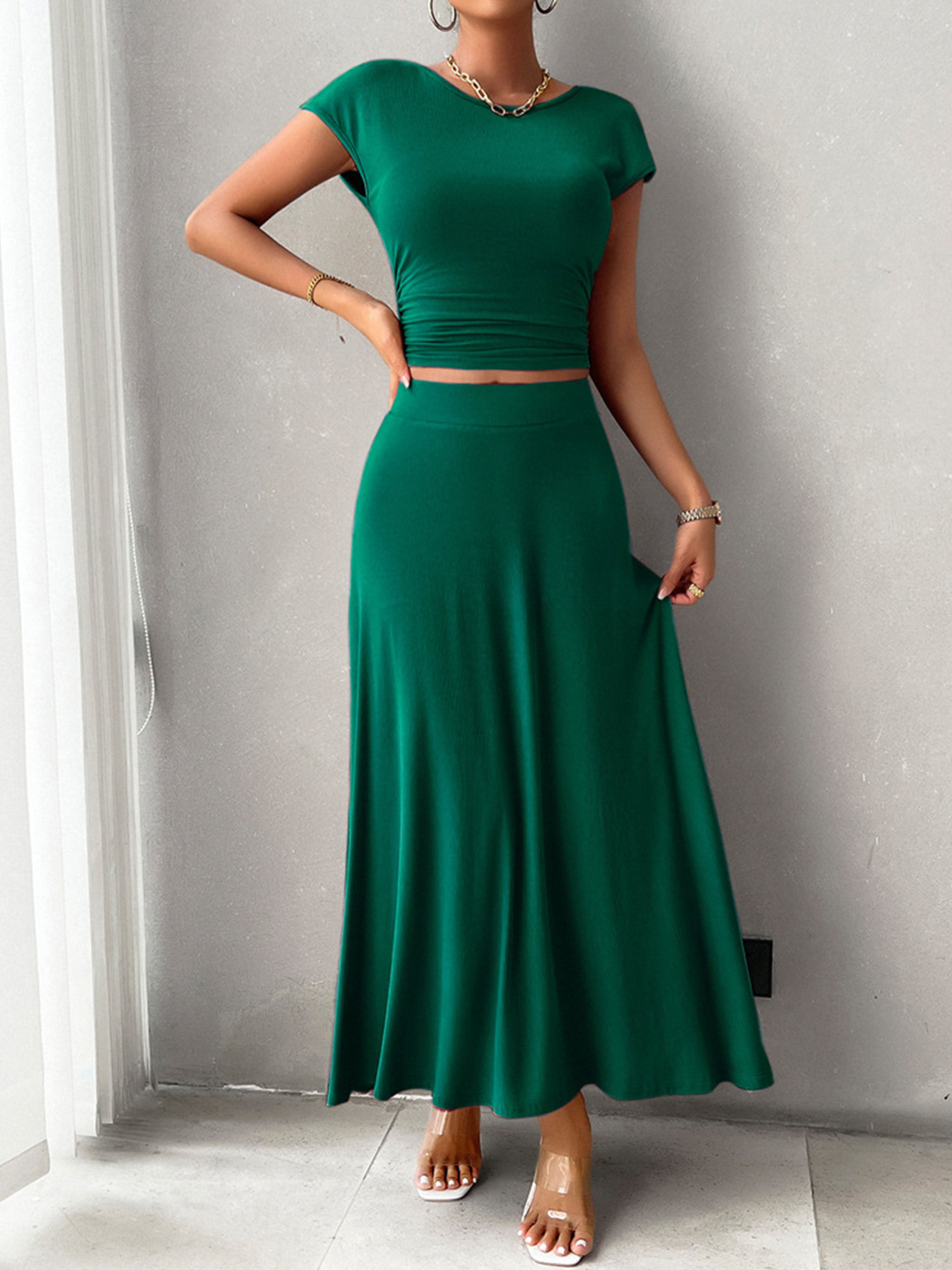 Ensemble Élégant Invité Mariage VERT_FONCE 2 Pièces Robe Fourreau à Manches Courtes
