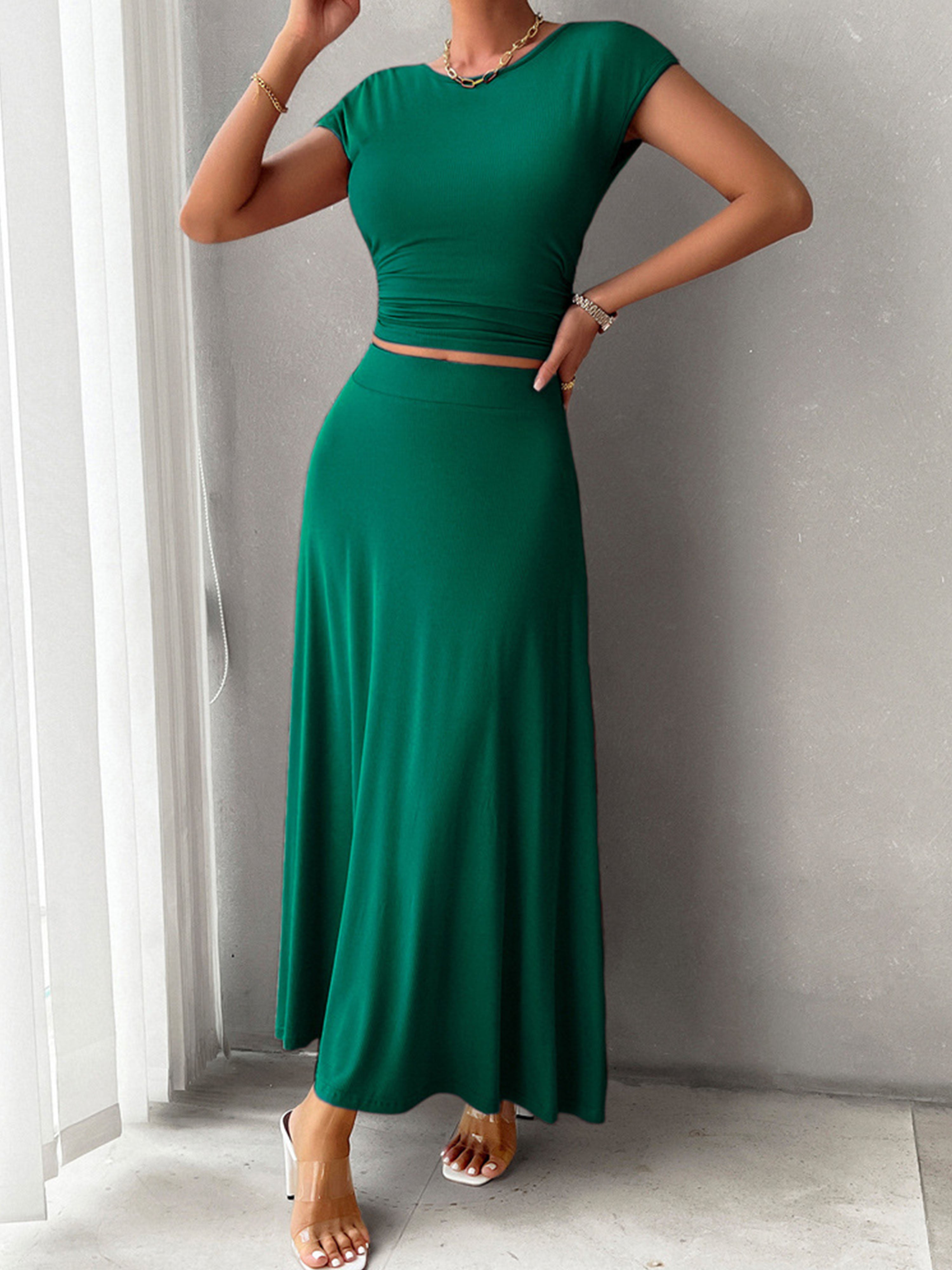 Ensemble Élégant Invité Mariage VERT_FONCE 2 Pièces Robe Fourreau à Manches Courtes