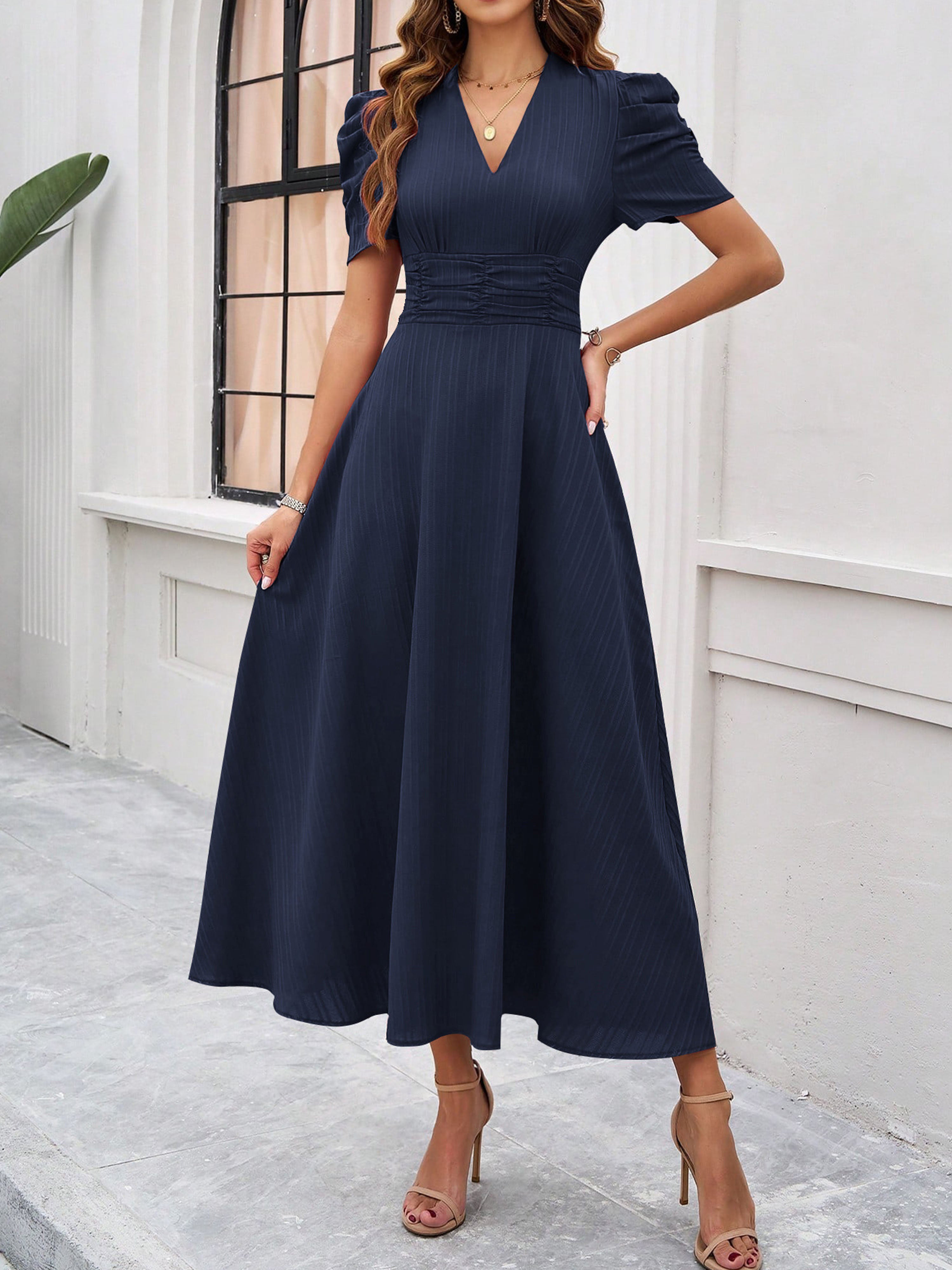 Robe Invitée Mariage BLEU_MARINE Élégante Coupe A à Manches et Taille Empire