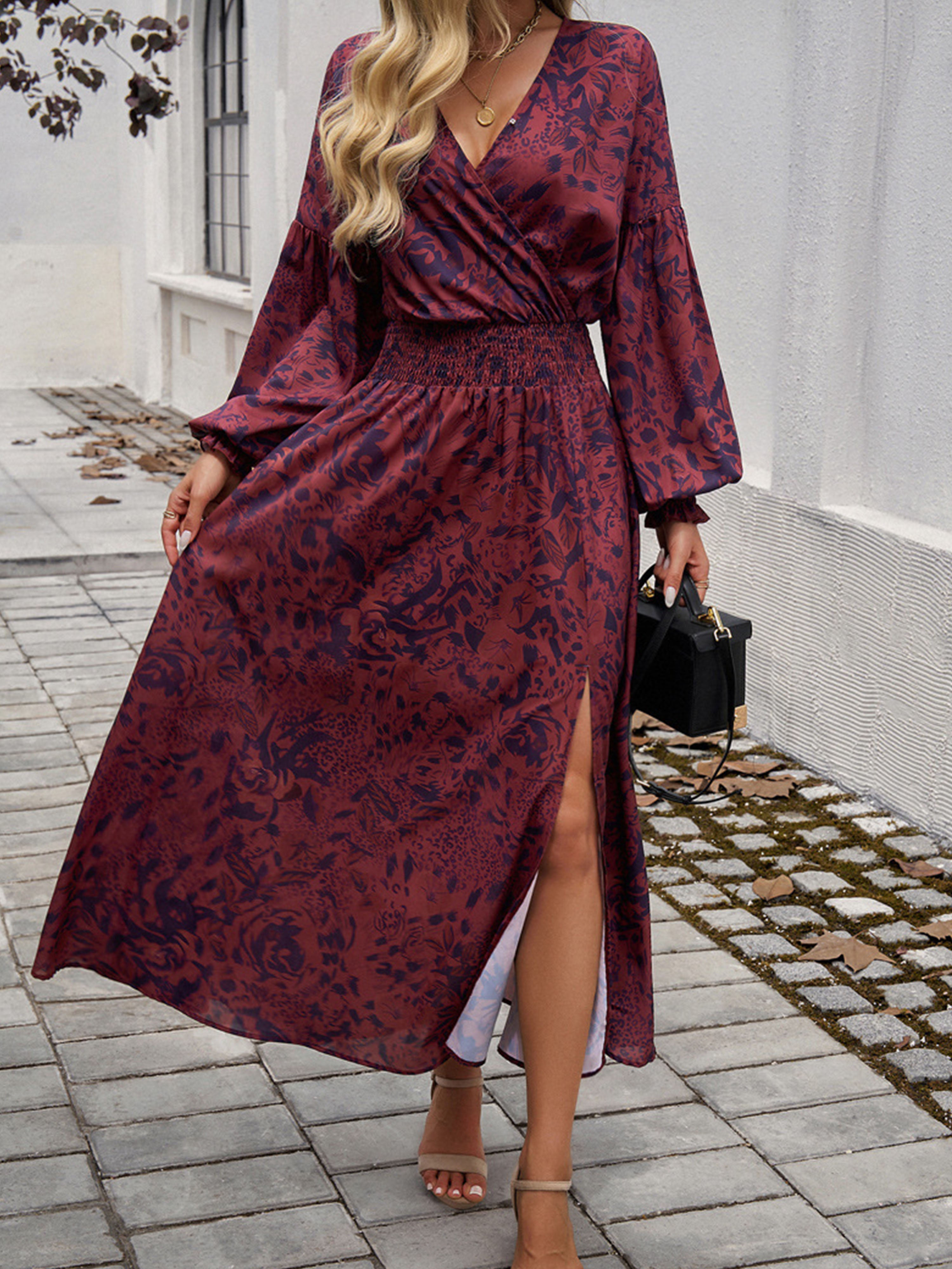 Robe Invitée Mariage Cabernet Encolure en V à Manches Longues avec Fente et Taille Empire