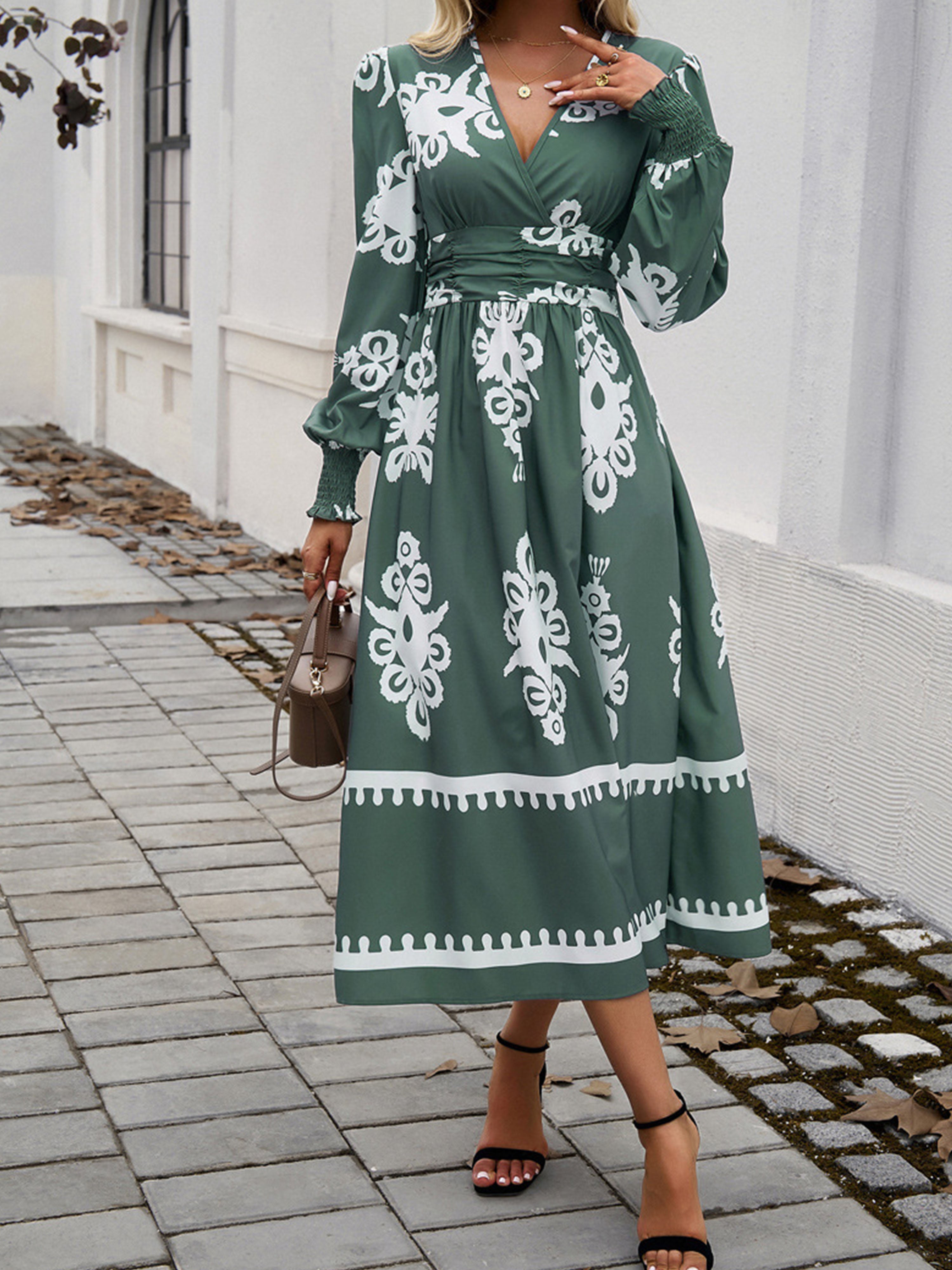 Robe Invitée Mariage à Contraste de VERT_FONCE Encolure en V à Manches Longues et Taille Empire