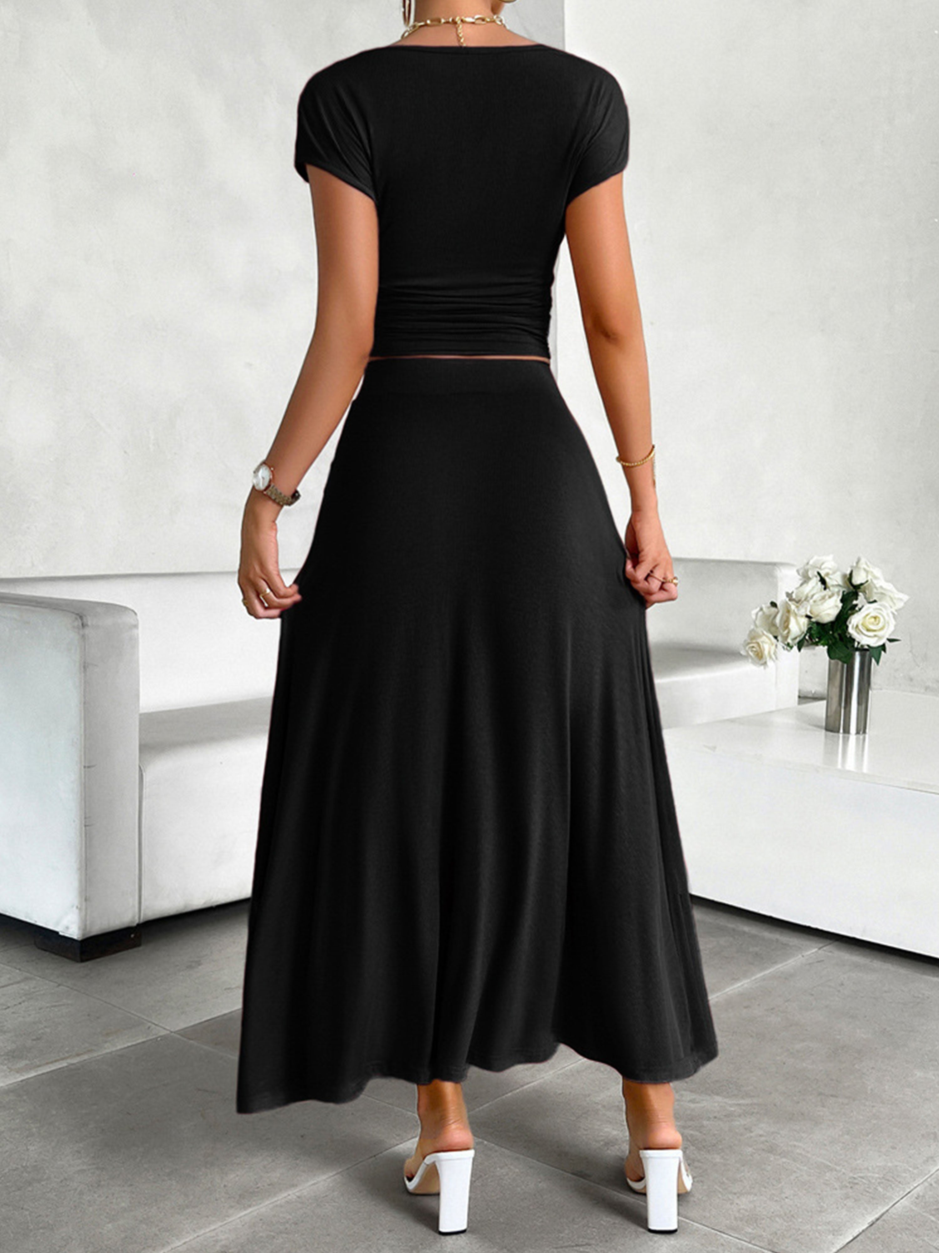 Ensemble Élégant Invité Mariage Noir 2 Pièces Robe Fourreau à Manches Courtes