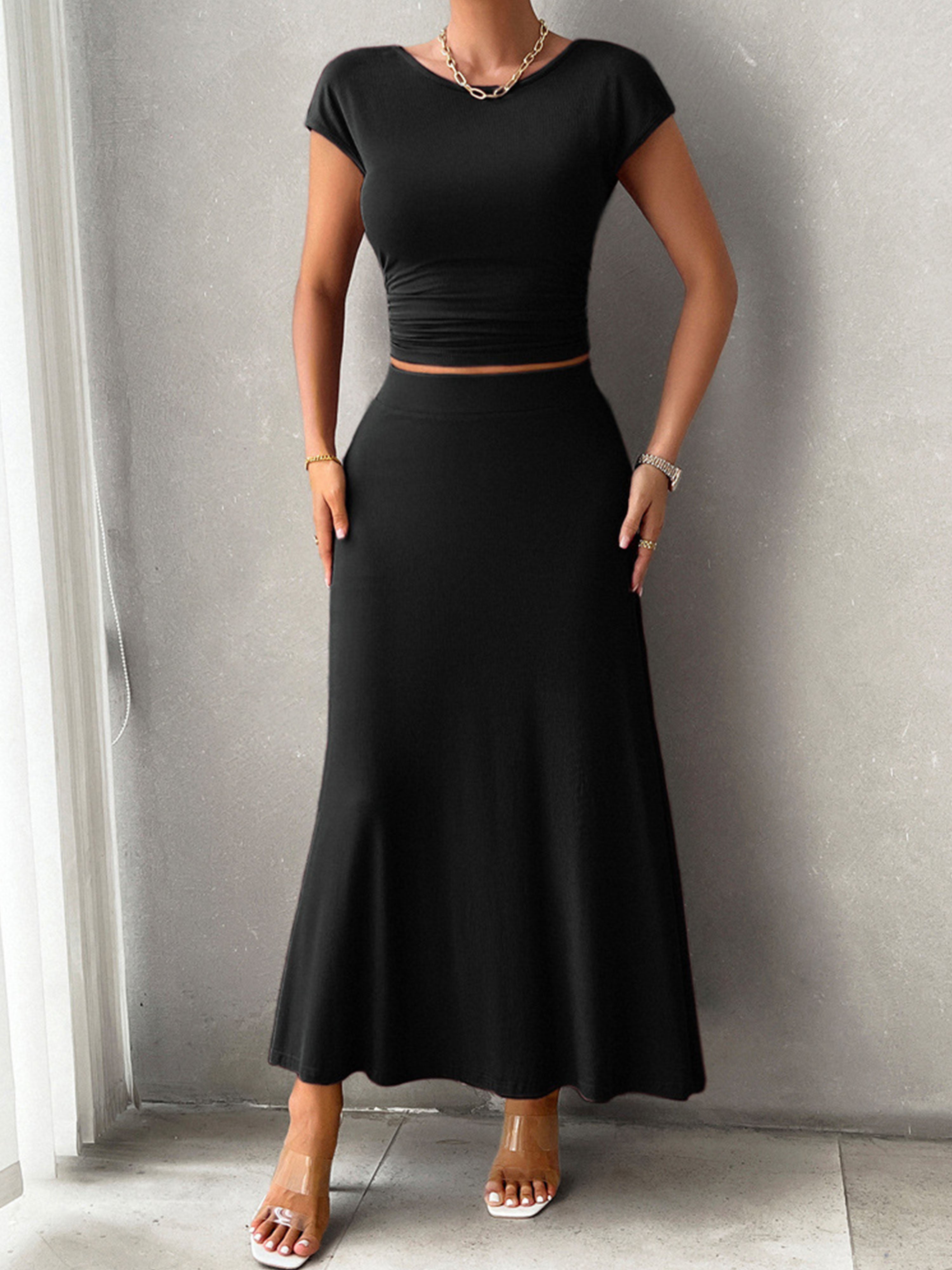 Ensemble Élégant Invité Mariage Noir 2 Pièces Robe Fourreau à Manches Courtes