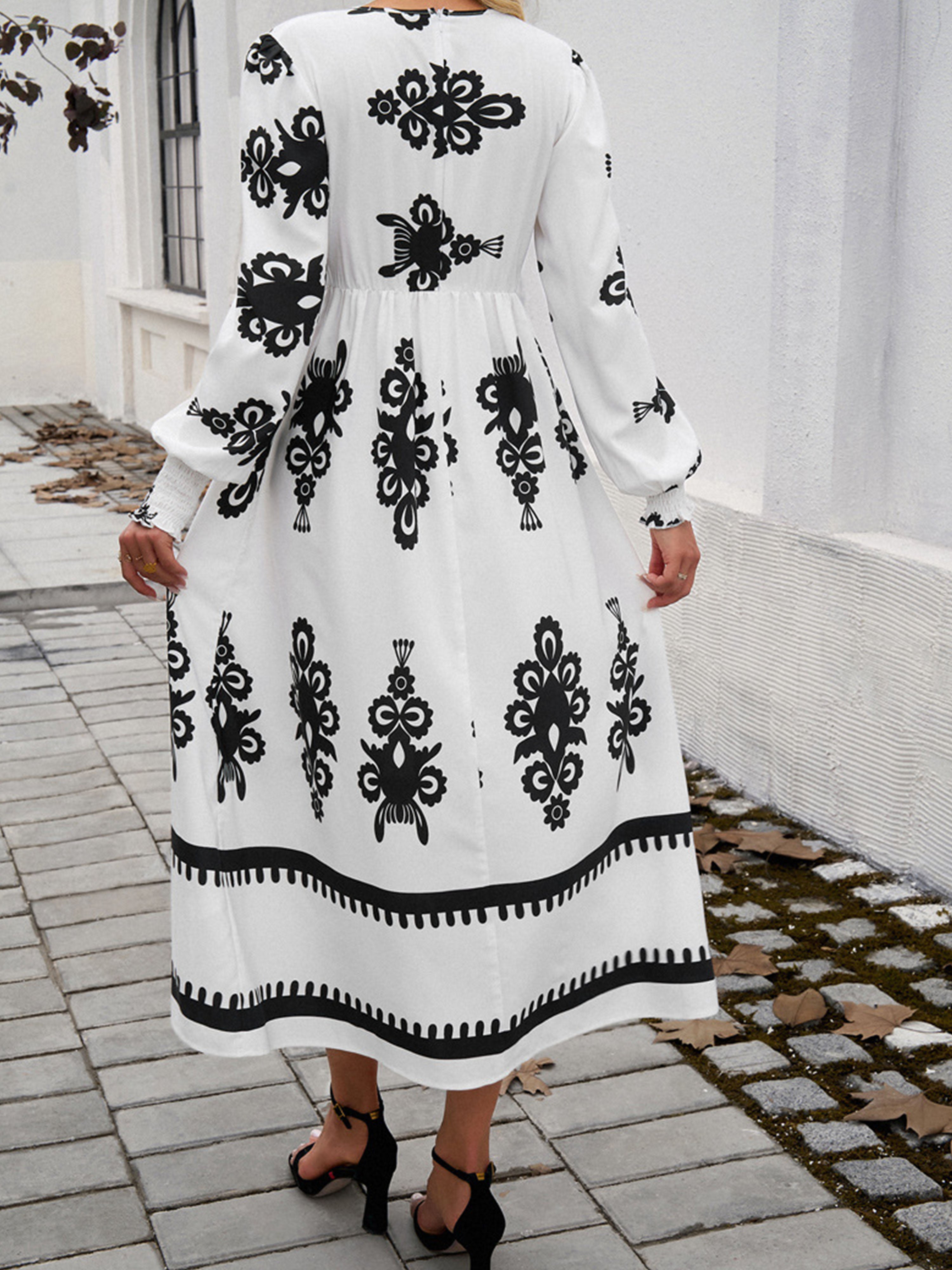 Robe Invitée Mariage à Contraste de Blanche Encolure en V à Manches Longues et Taille Empire