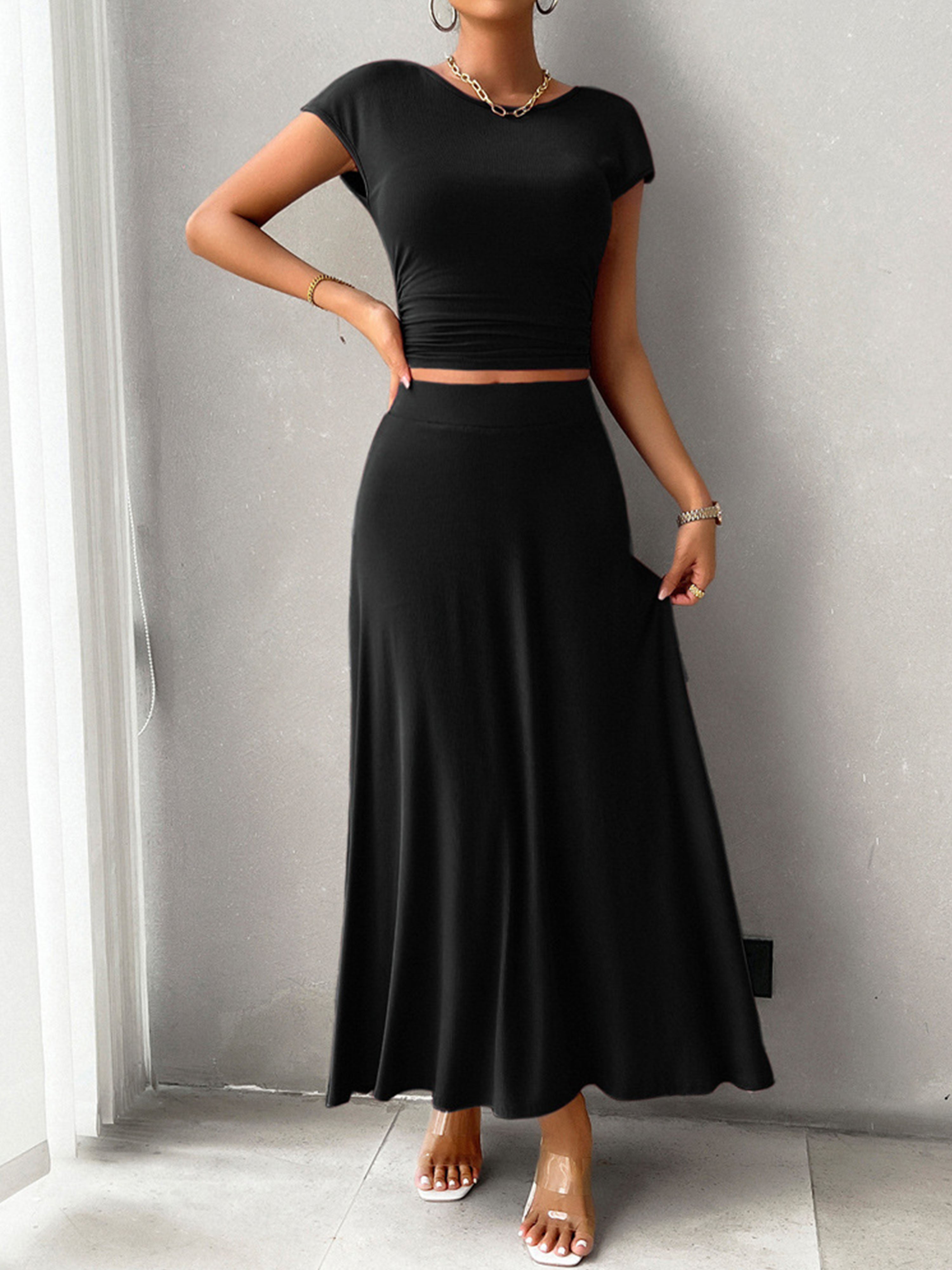 Ensemble Élégant Invité Mariage Noir 2 Pièces Robe Fourreau à Manches Courtes