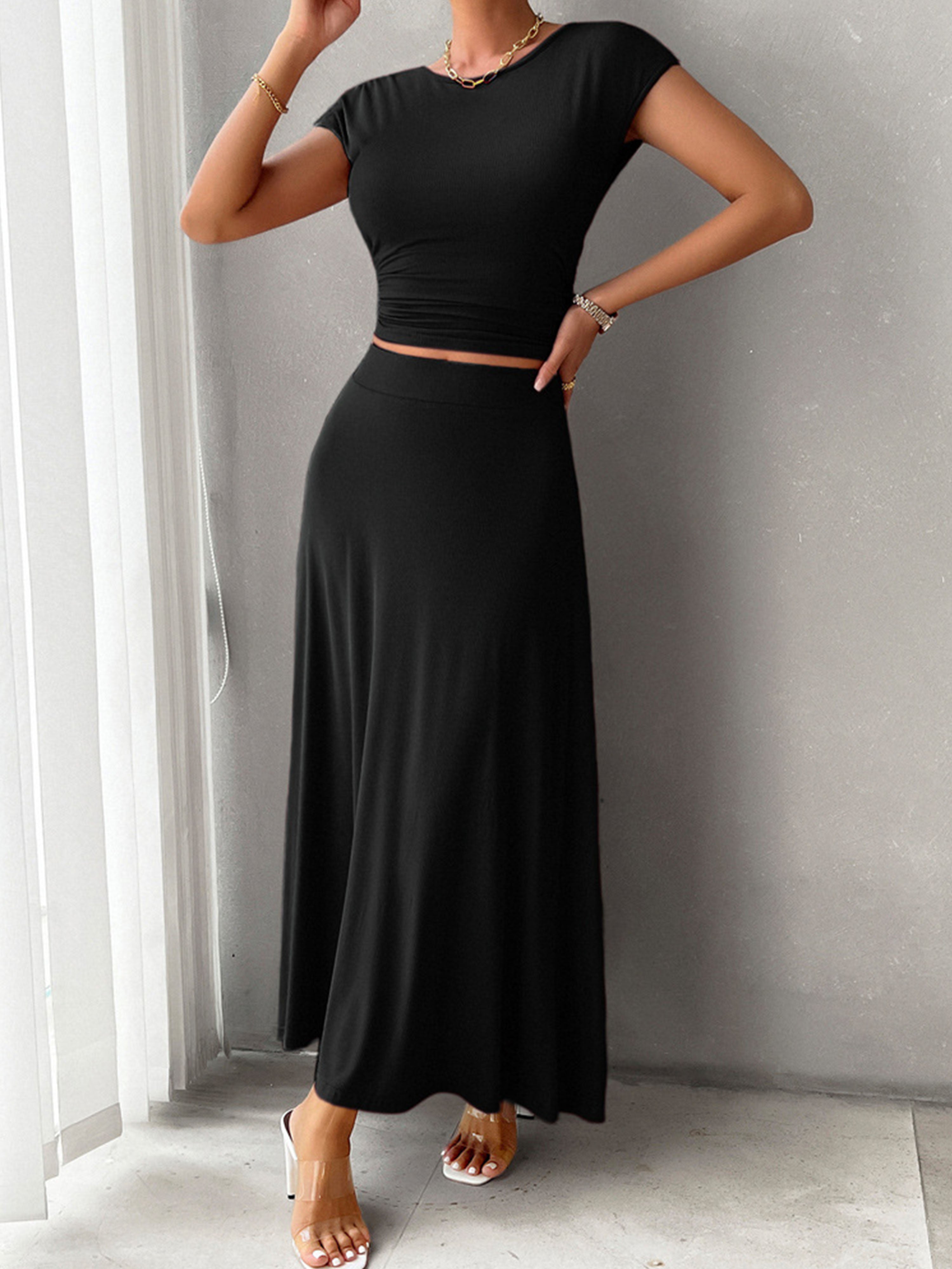Ensemble Élégant Invité Mariage Noir 2 Pièces Robe Fourreau à Manches Courtes