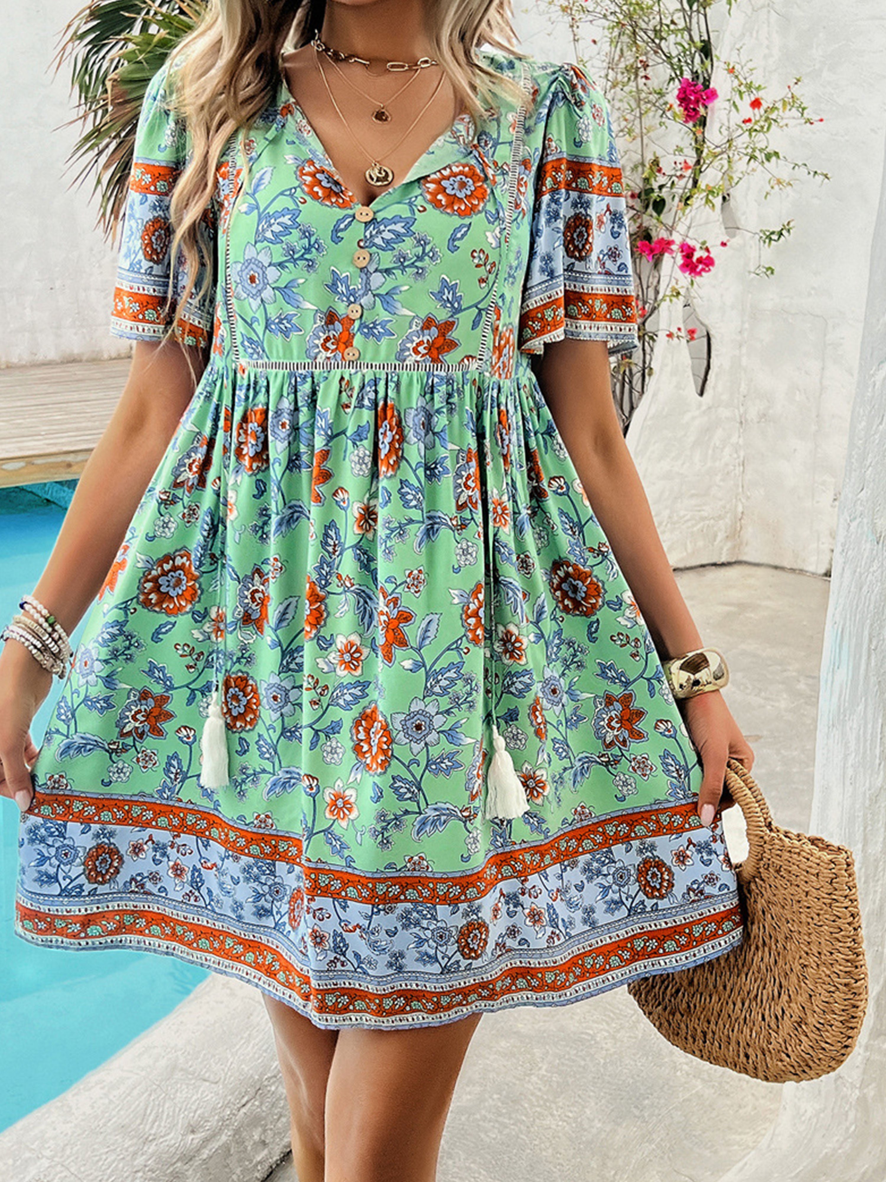 Robe Bohème Invitée Mariage Vert Menthe Coupe A Encolure en V à Manches Courtes