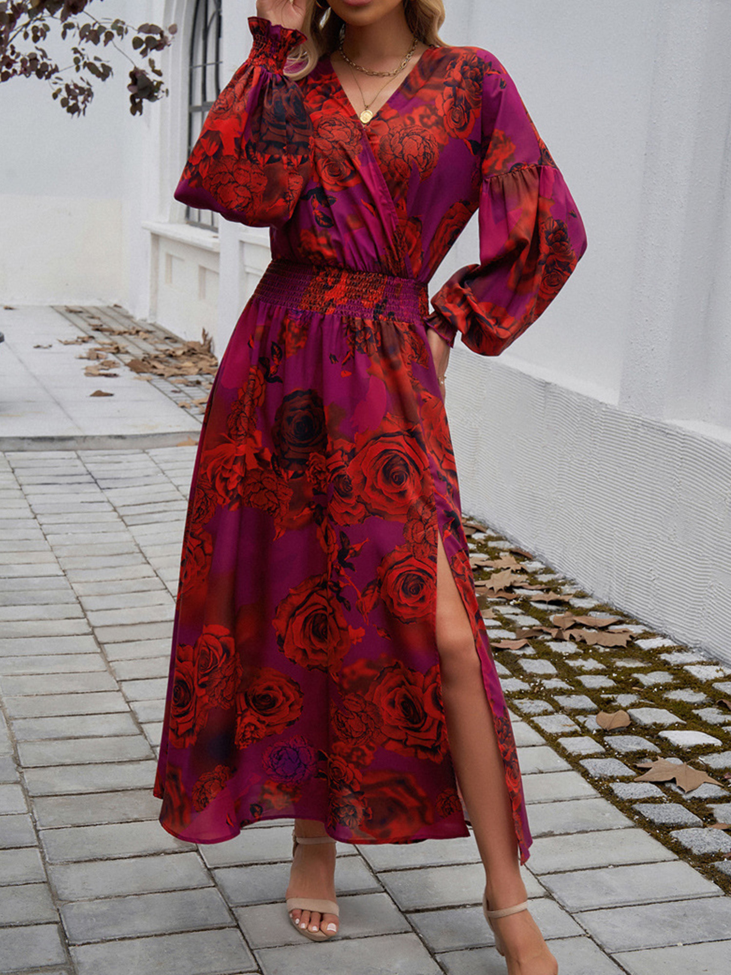 Robe Invitée Mariage Rouge Encolure en V à Manches Longues avec Fente et Taille Empire