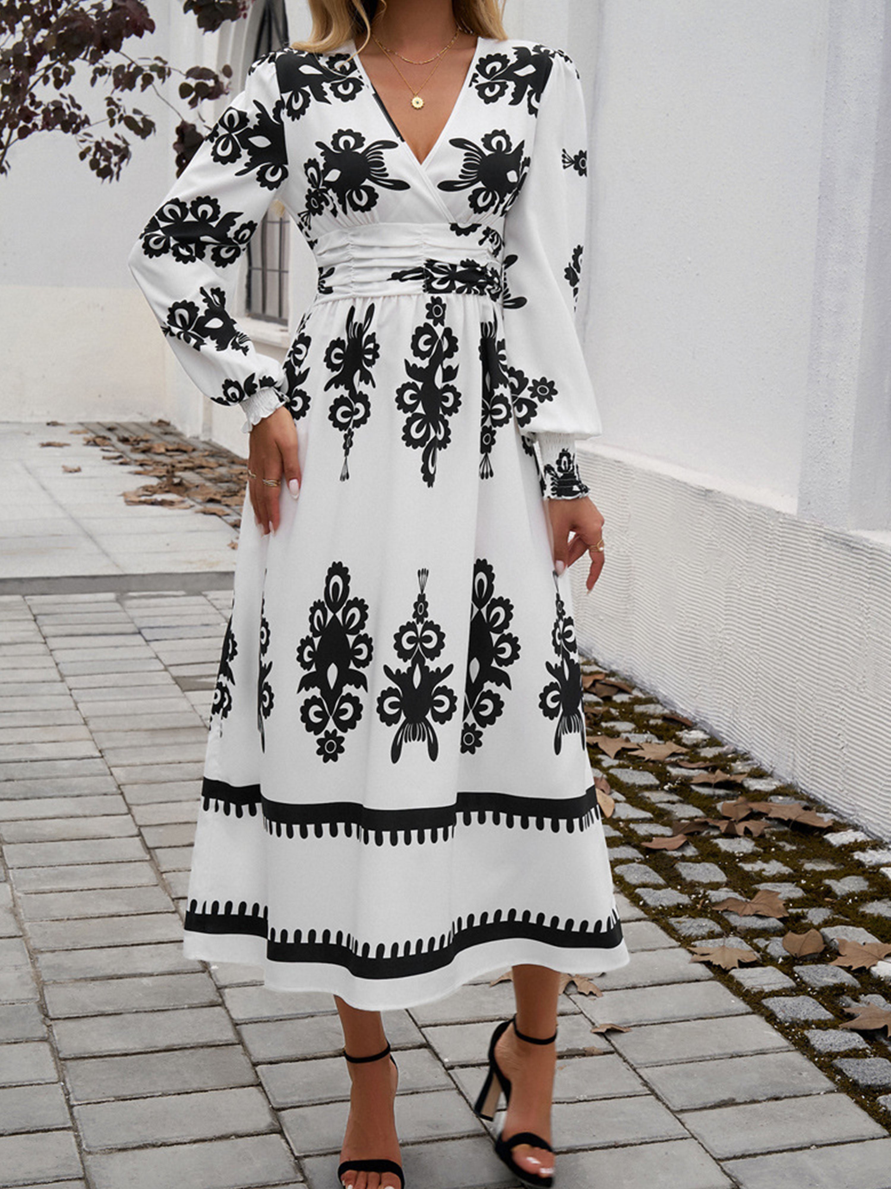 Robe Invitée Mariage à Contraste de Blanche Encolure en V à Manches Longues et Taille Empire