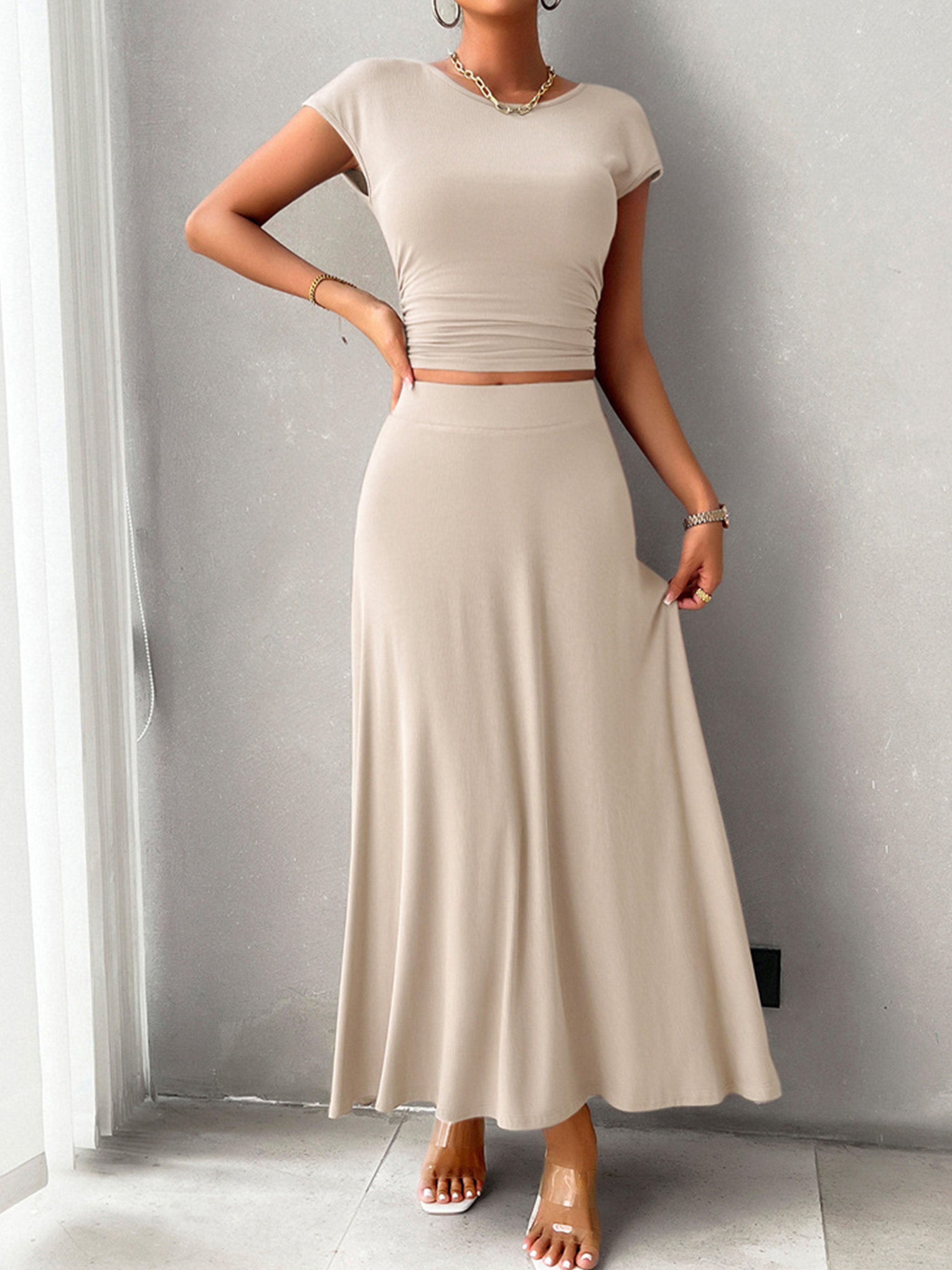 Ensemble Élégant Invité Mariage Apricot 2 Pièces Robe Fourreau à Manches Courtes