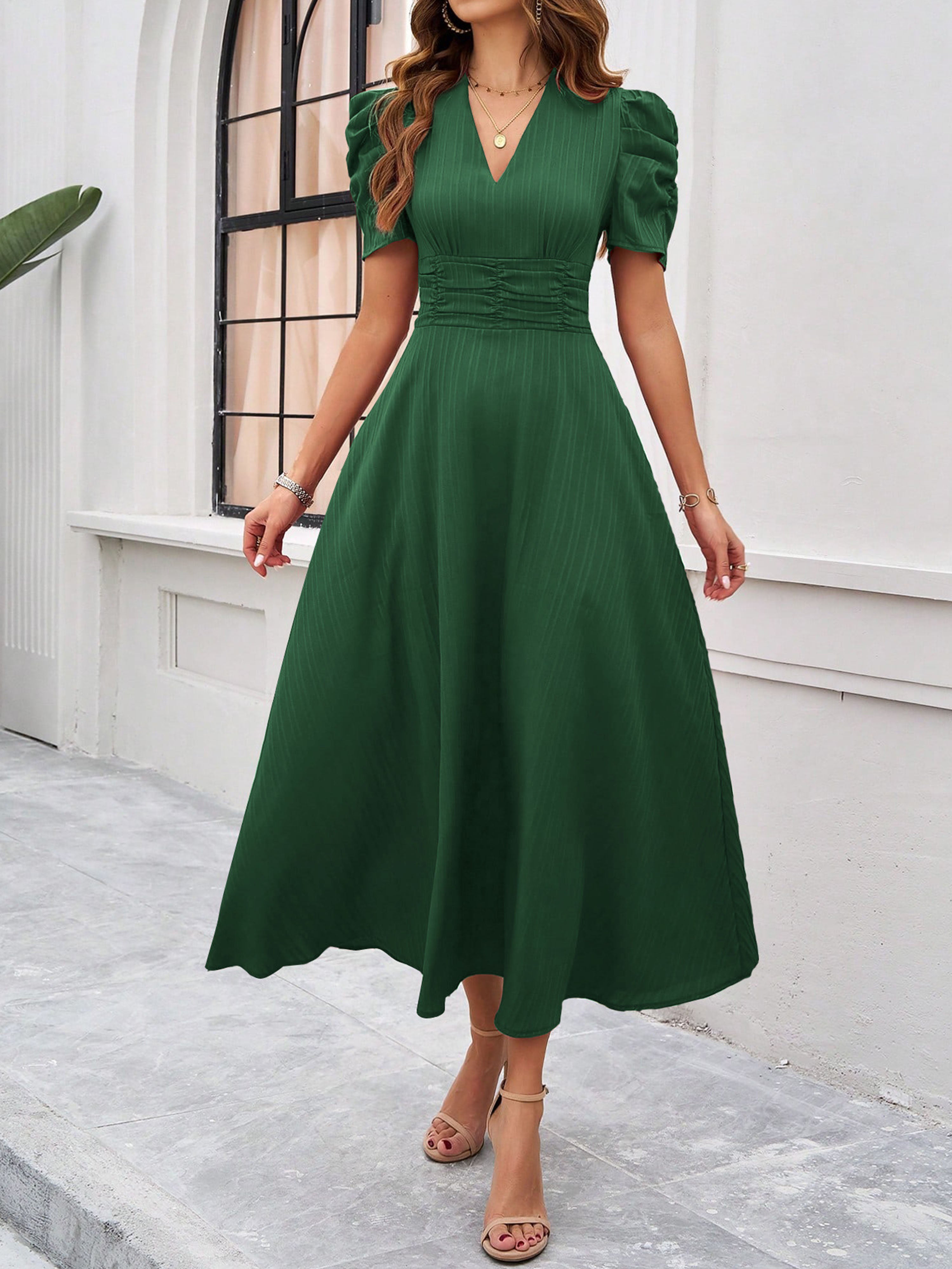 Robe Invitée Mariage VERT Élégante Coupe A à Manches et Taille Empire