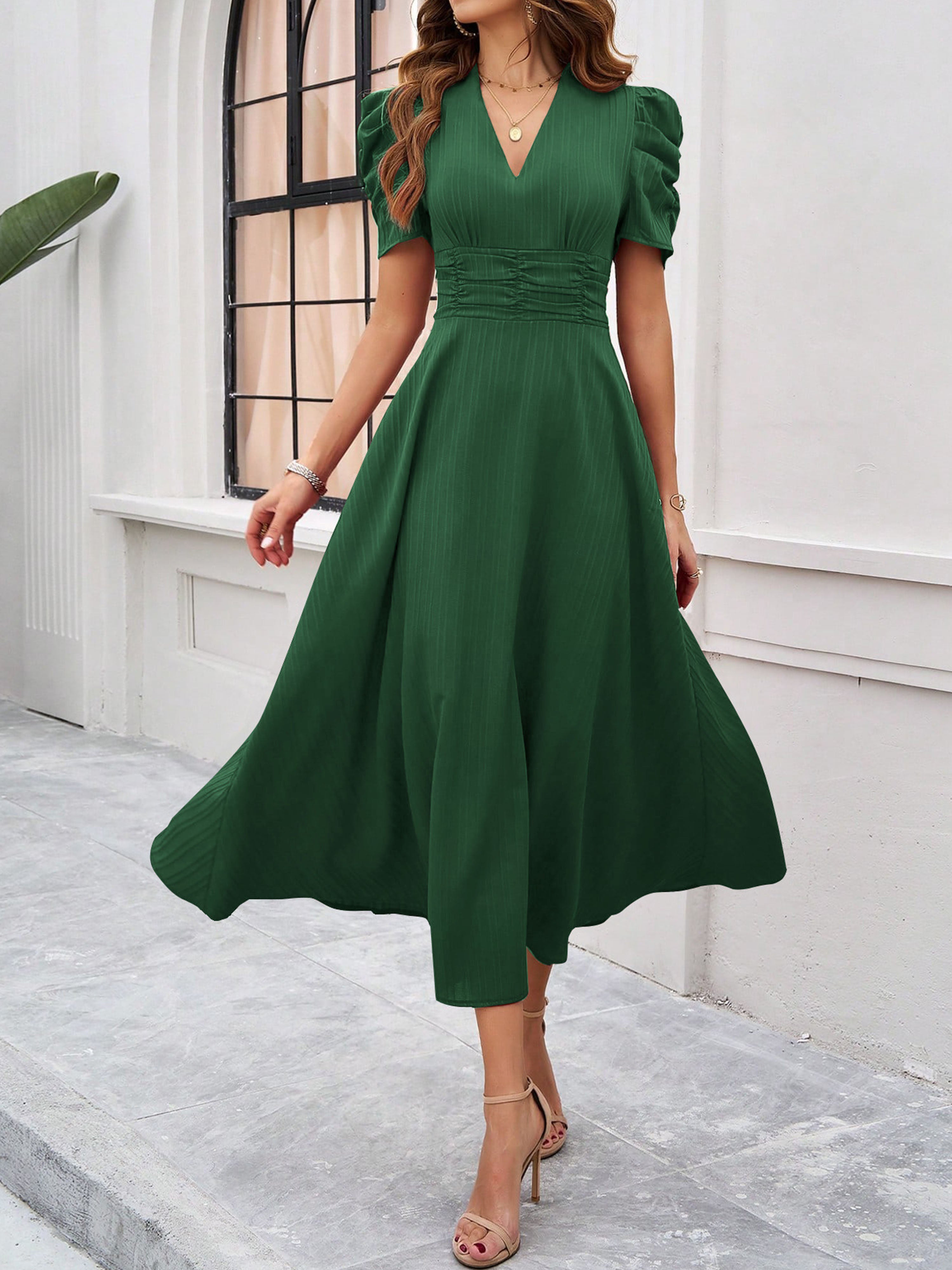 Robe Invitée Mariage VERT Élégante Coupe A à Manches et Taille Empire