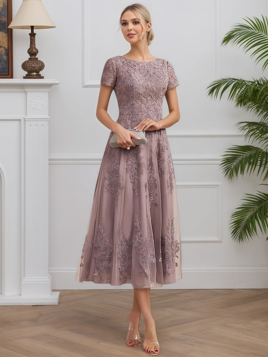 Cicinia Crépuscule Robe pour Mère de la Mariée Longue en Mousseline et Dentelle A-Line Longueur Midi (Thé) Manches Courtes