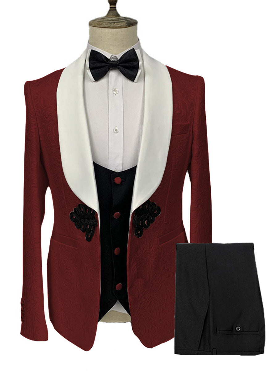 Costume Homme 3 Pièces en BORDEAUX à Motif Jacquard Élégance Racée pour Marié et Garçons d'Honneur
