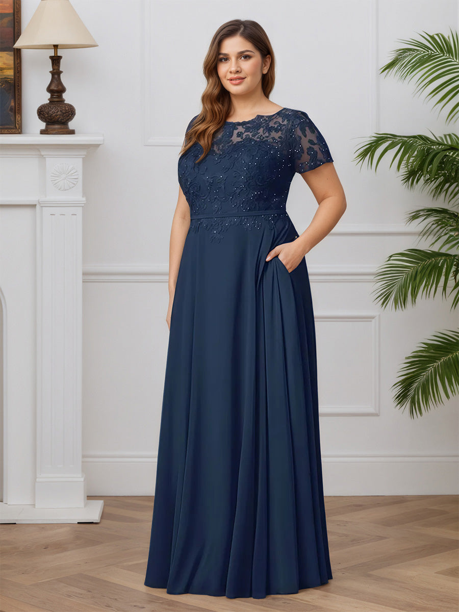Cicinia Bleu Marine Robe pour Mère de la Mariée Longue en Mousseline et Dentelle A-Line Manches Courtes Grande Taille