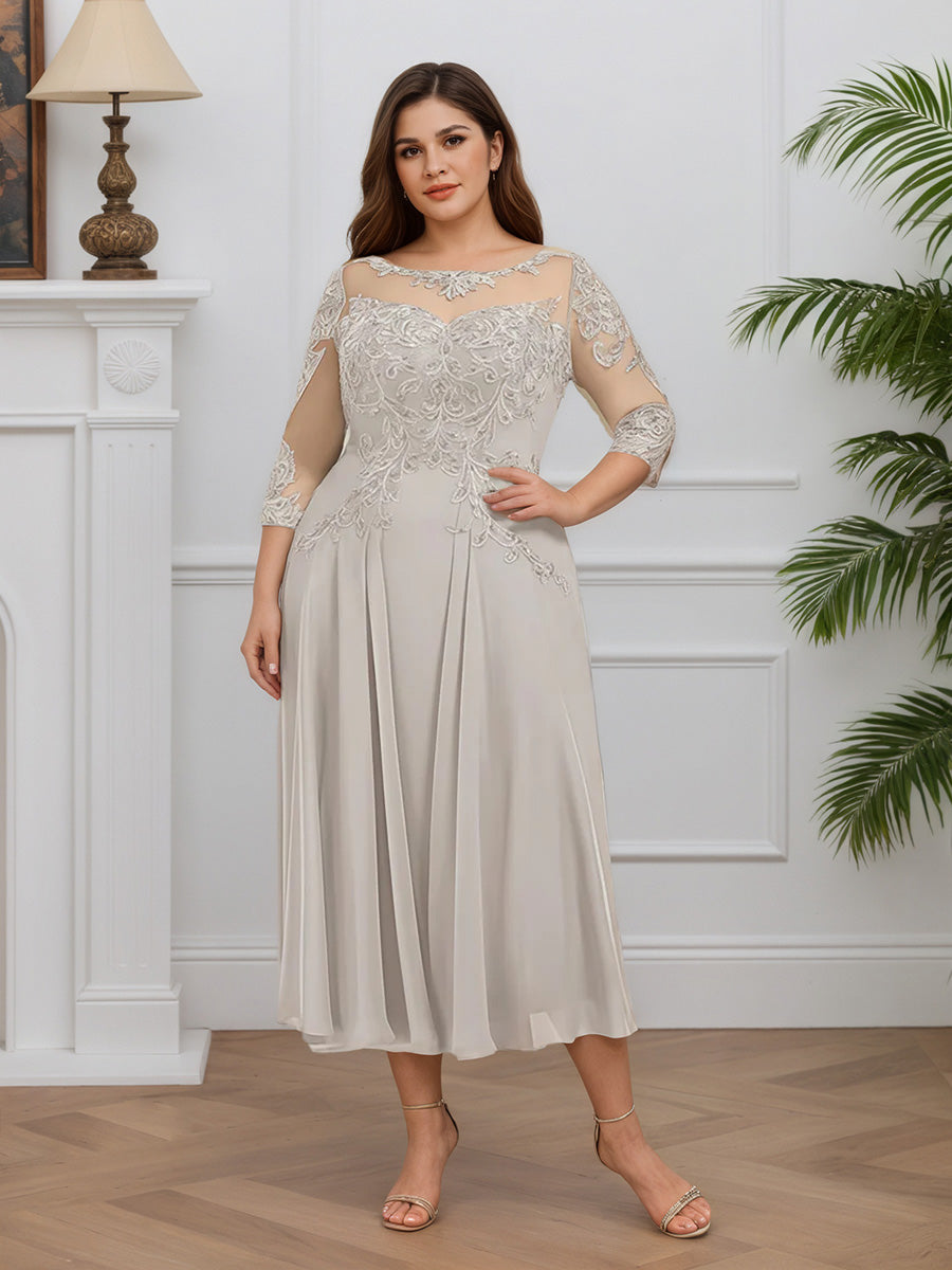Cicinia Argent Robe pour Mère de la Mariée Longue en Mousseline et Dentelle A-Line Longueur Midi (Thé) Grande Taille