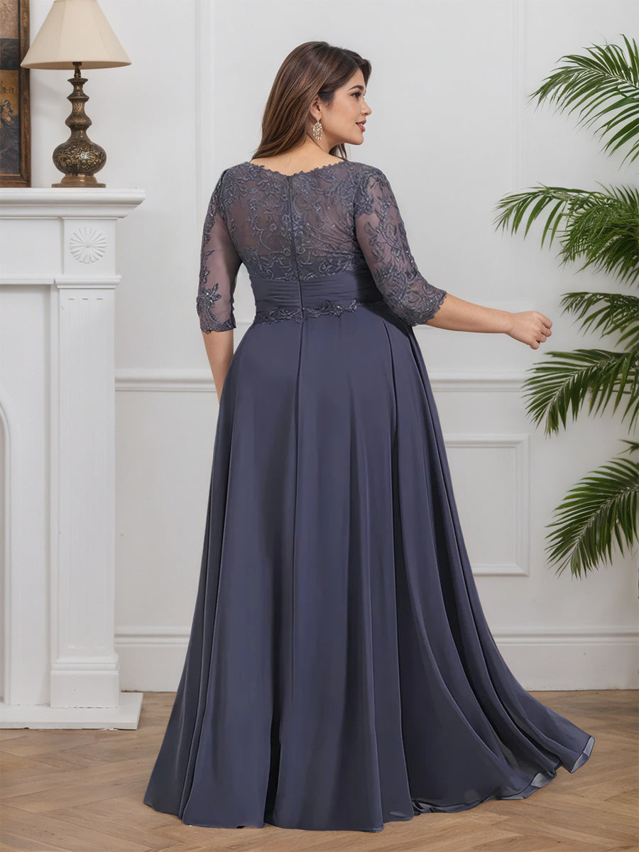 Cicinia ORAGEUX Robe pour Mère de la Mariée Longue en Mousseline et Dentelle A-Line Manches Demi-longues Grande Taille