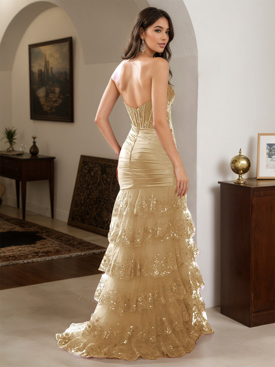 Cicinia Robe de Soirée Champagne Longue Fourreau en Dentelle à Volants Fente Décolleté Cœur